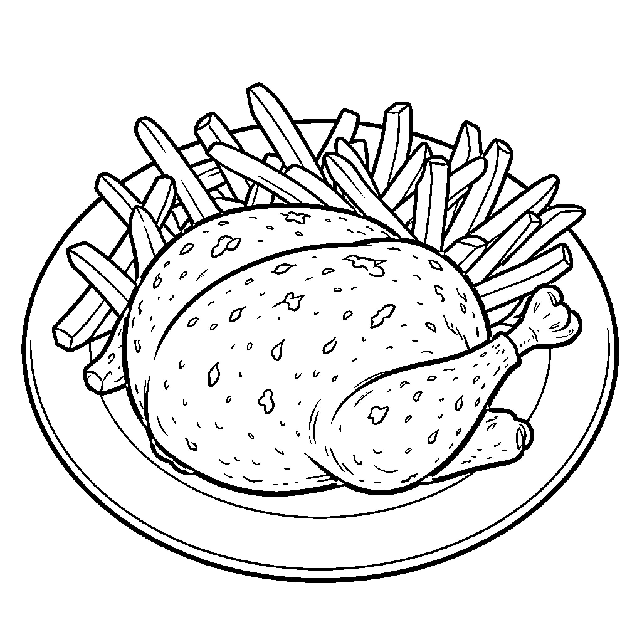 Roast Chicken with French Fries on Plate Coloring Page (free black-and-white line drawing printable PDF for all, from beginners to advanced learners, including children, teens, adults, and seniors)