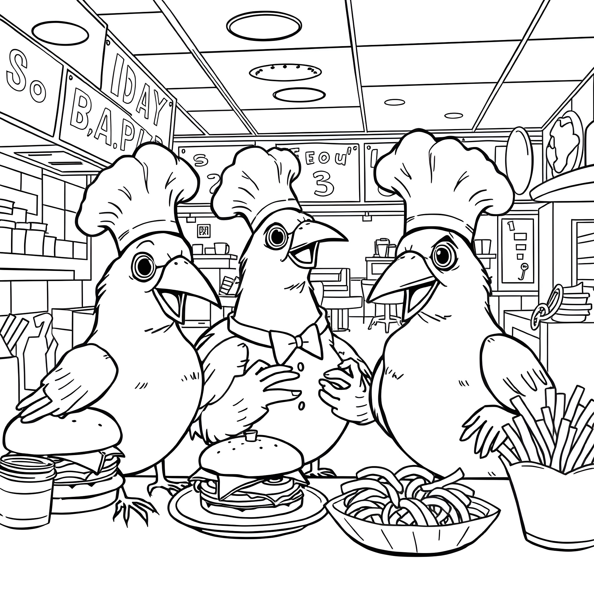 Birds enjoying a meal in a restaurant Coloring Page (free black-and-white line drawing printable PDF for all, from beginners to advanced learners, including children, teens, adults, and seniors)