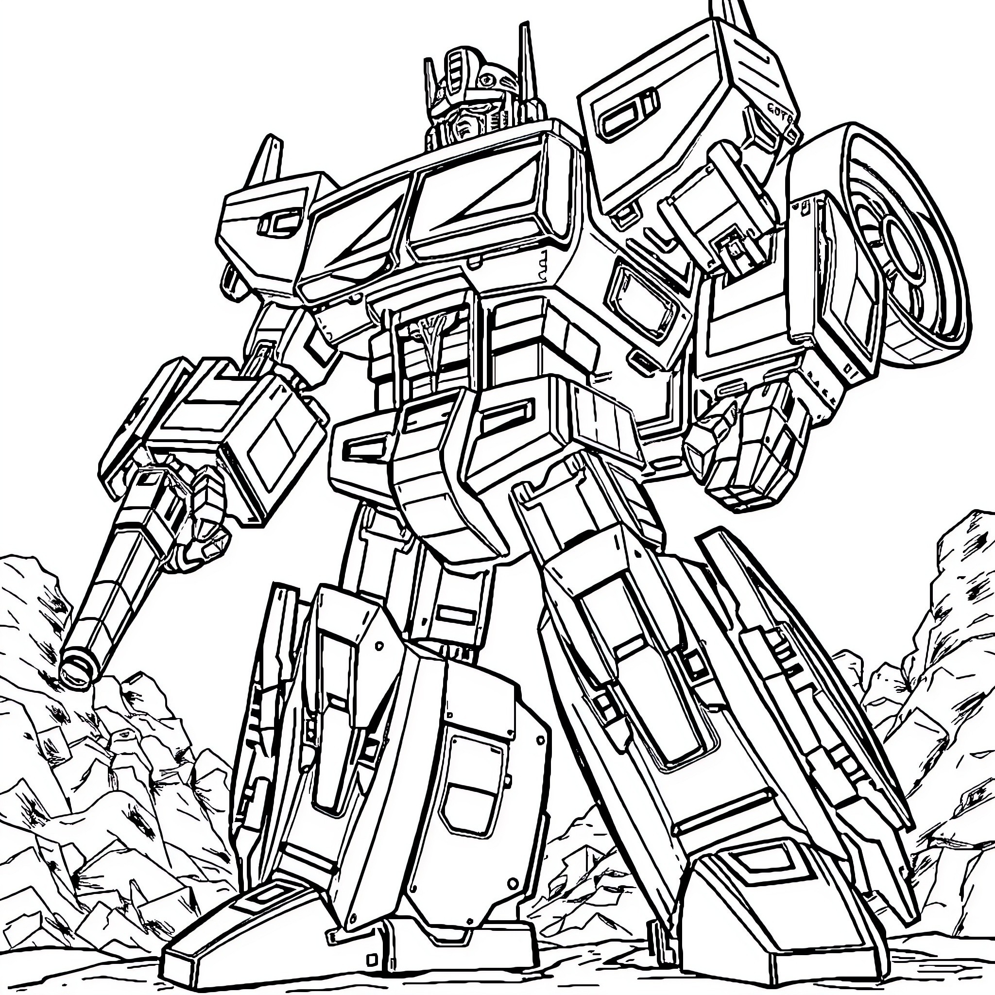 Gtr Mighty Transforming Robot Stands Tall Coloring Page (free black-and-white line drawing printable PDF for all, from beginners to advanced learners, including children, teens, adults, and seniors)