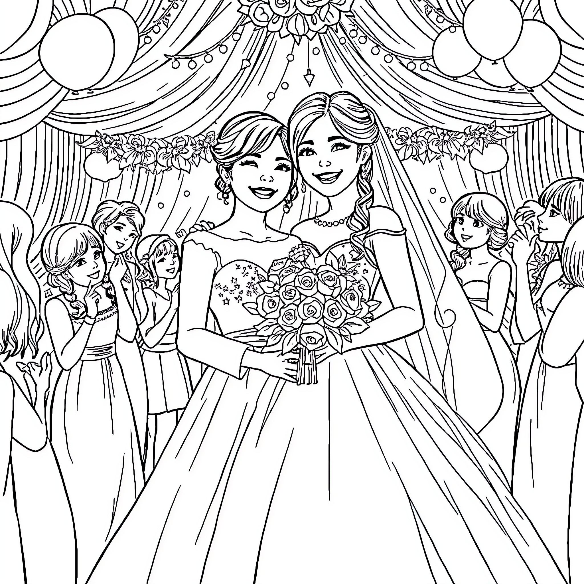Abby's Joyful Wedding Celebration Coloring Page (free black-and-white line drawing printable PDF for all, from beginners to advanced learners, including children, teens, adults, and seniors)