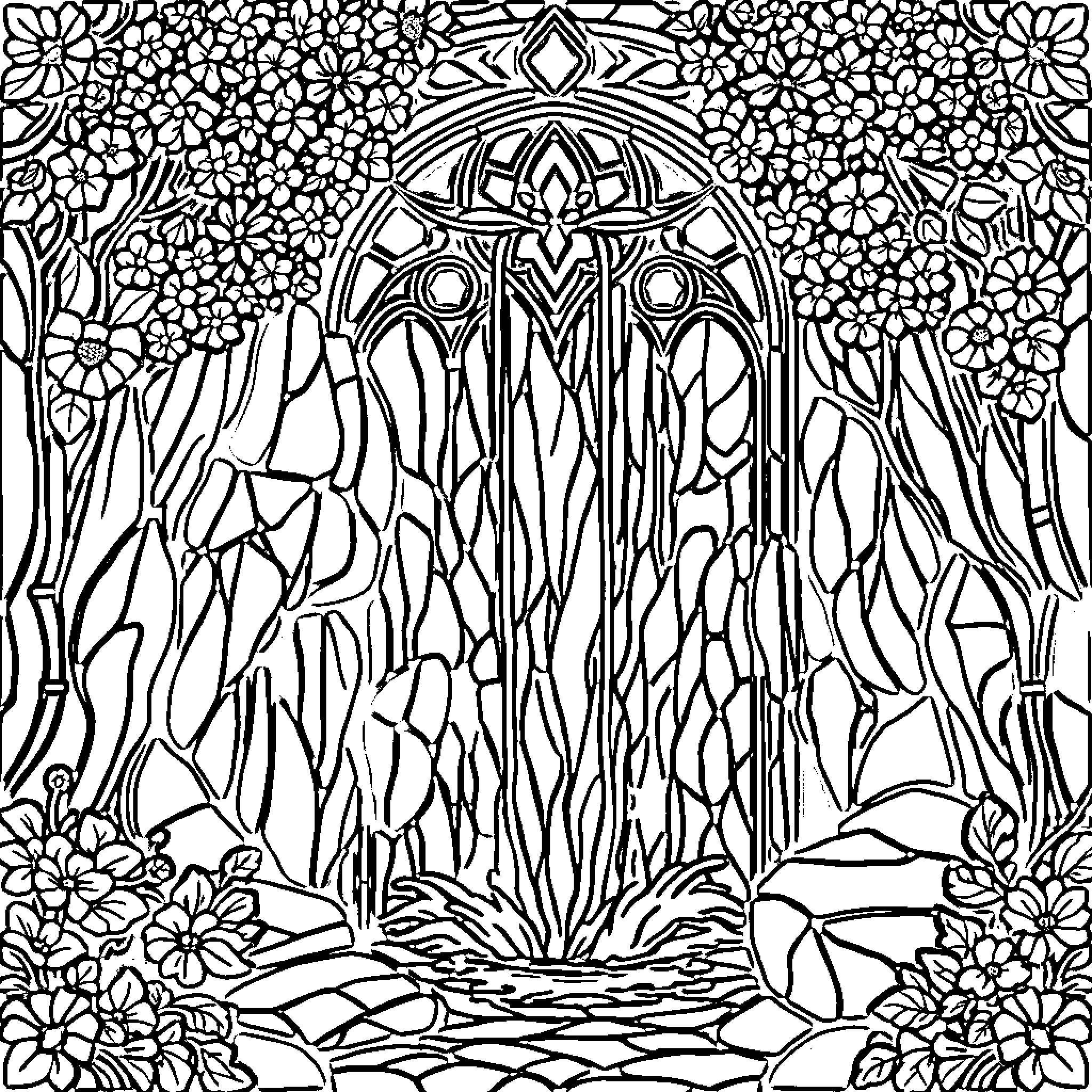 Waterfall surrounded by intricate floral designs Coloring Page (free black-and-white line drawing printable PDF for all, from beginners to advanced learners, including children, teens, adults, and seniors)