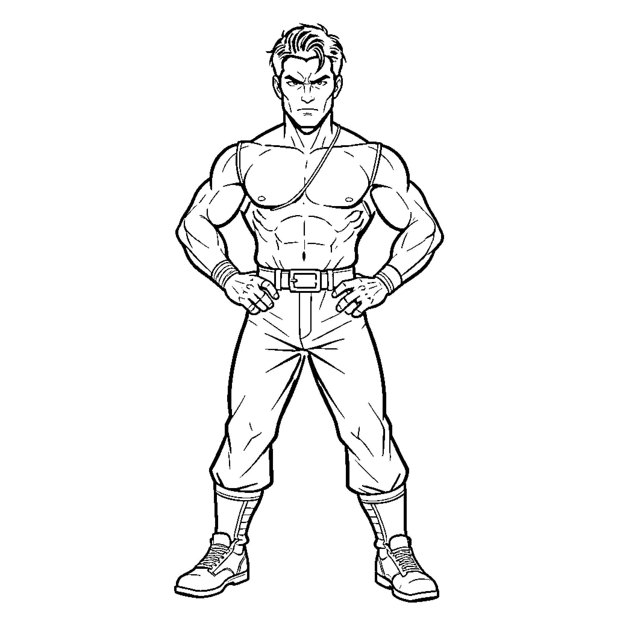 Jeet Lii muscular man posing with hands on hips Coloring Page (free black-and-white line drawing printable PDF for all, from beginners to advanced learners, including children, teens, adults, and seniors)
