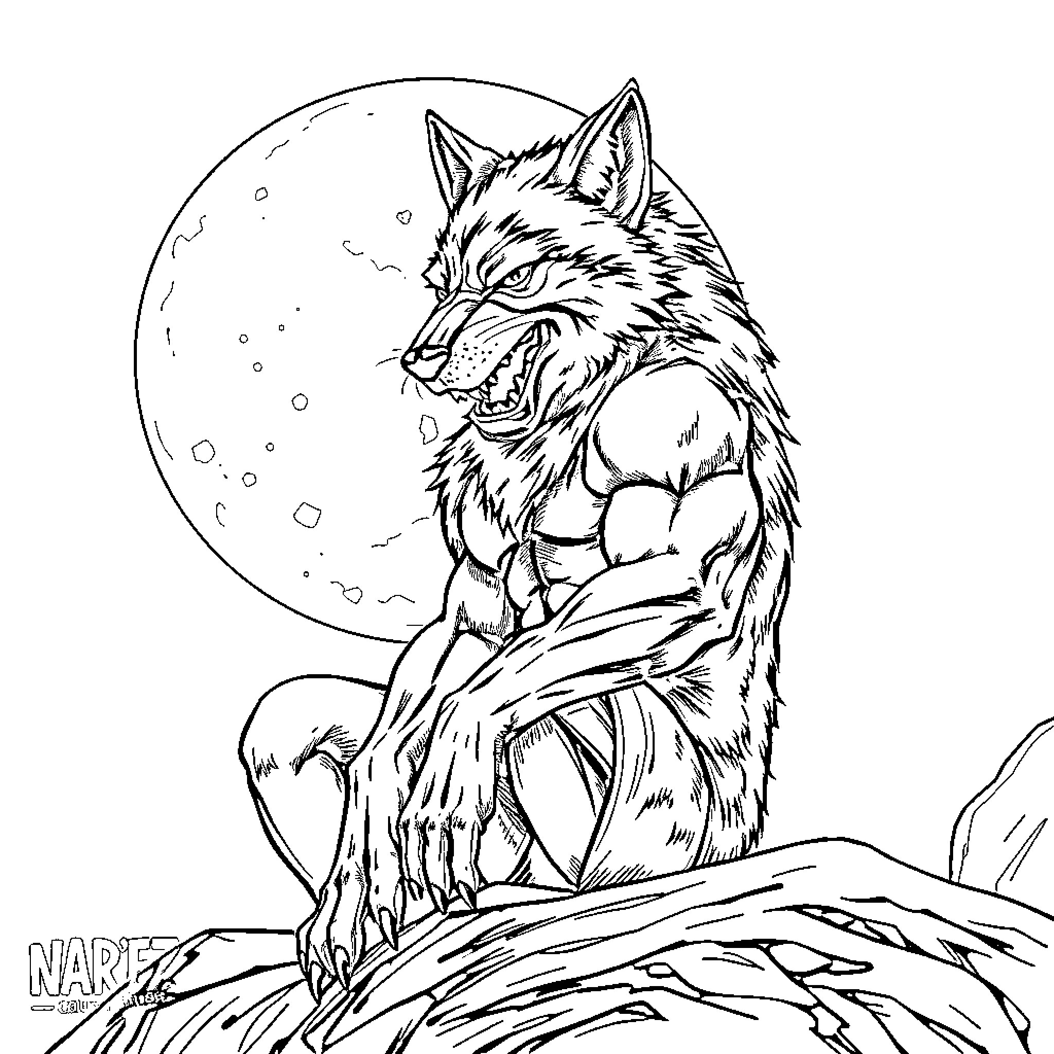 Loup Garou howling at the moon Coloring Page (free black-and-white line drawing printable PDF for all, from beginners to advanced learners, including children, teens, adults, and seniors)