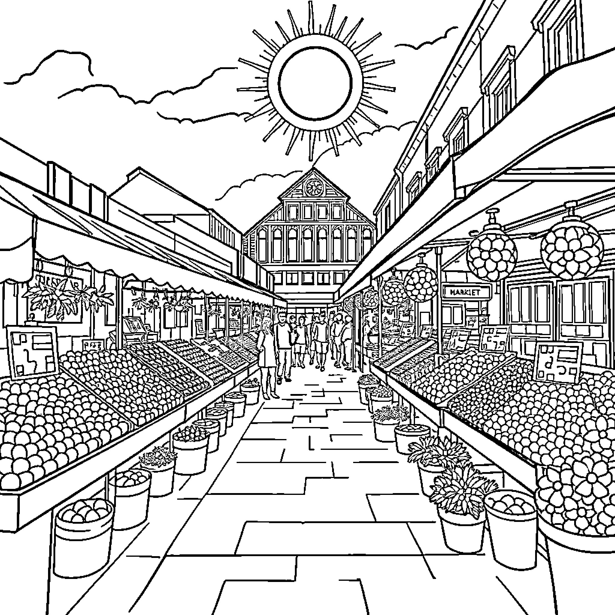 Market bustling with activity under the sun's rays Coloring Page (free black-and-white line drawing printable PDF for all, from beginners to advanced learners, including children, teens, adults, and seniors)