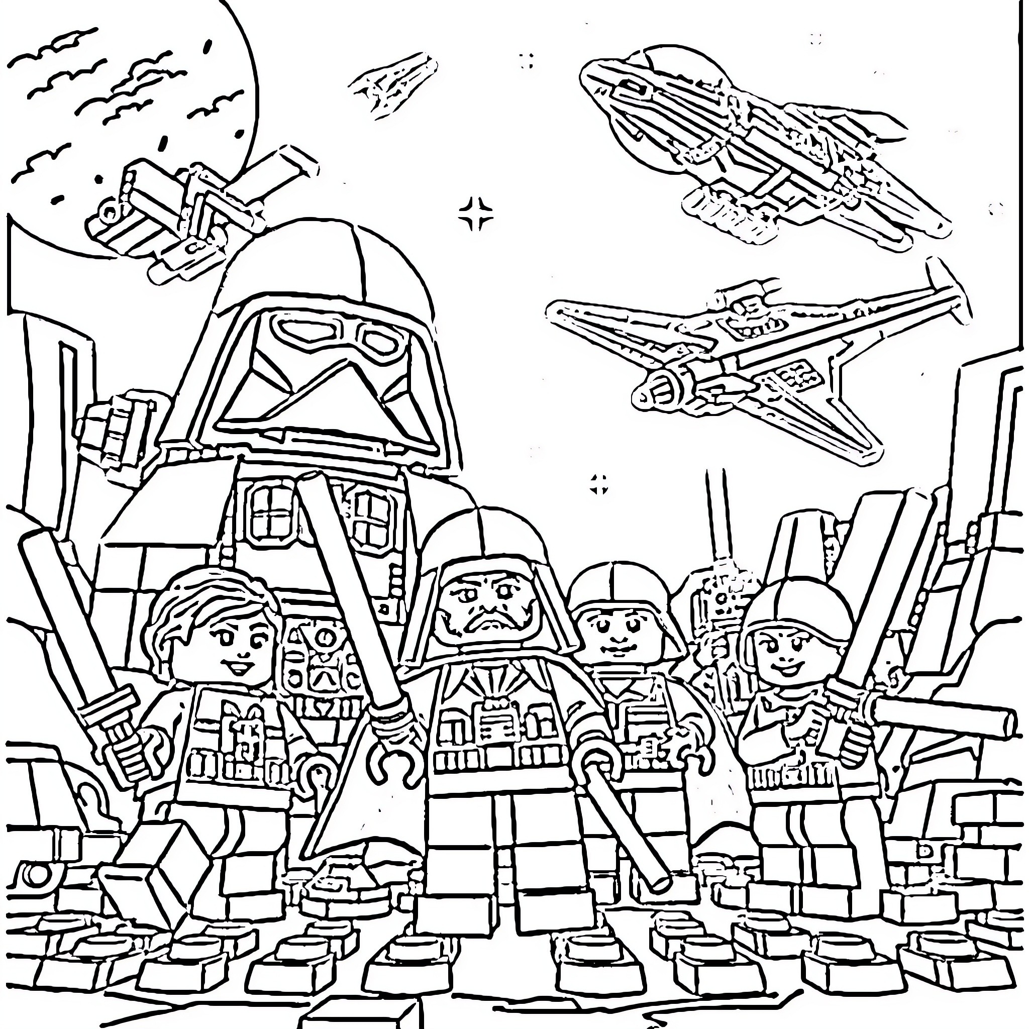 Lego Star Wars characters in battle with spaceships Coloring Page (free black-and-white line drawing printable PDF for all, from beginners to advanced learners, including children, teens, adults, and seniors)