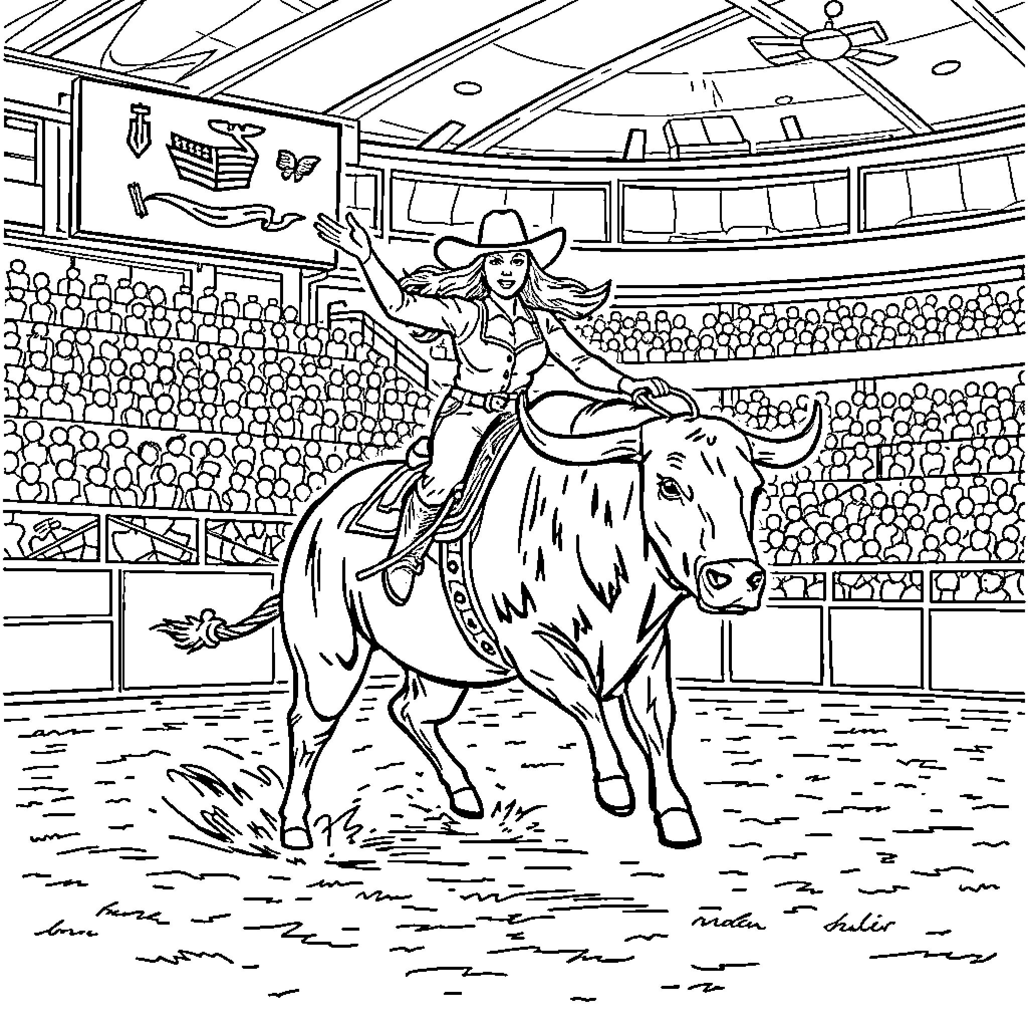 Shannon Beador riding a bull in a rodeo arena Coloring Page (free black-and-white line drawing printable PDF for all, from beginners to advanced learners, including children, teens, adults, and seniors)