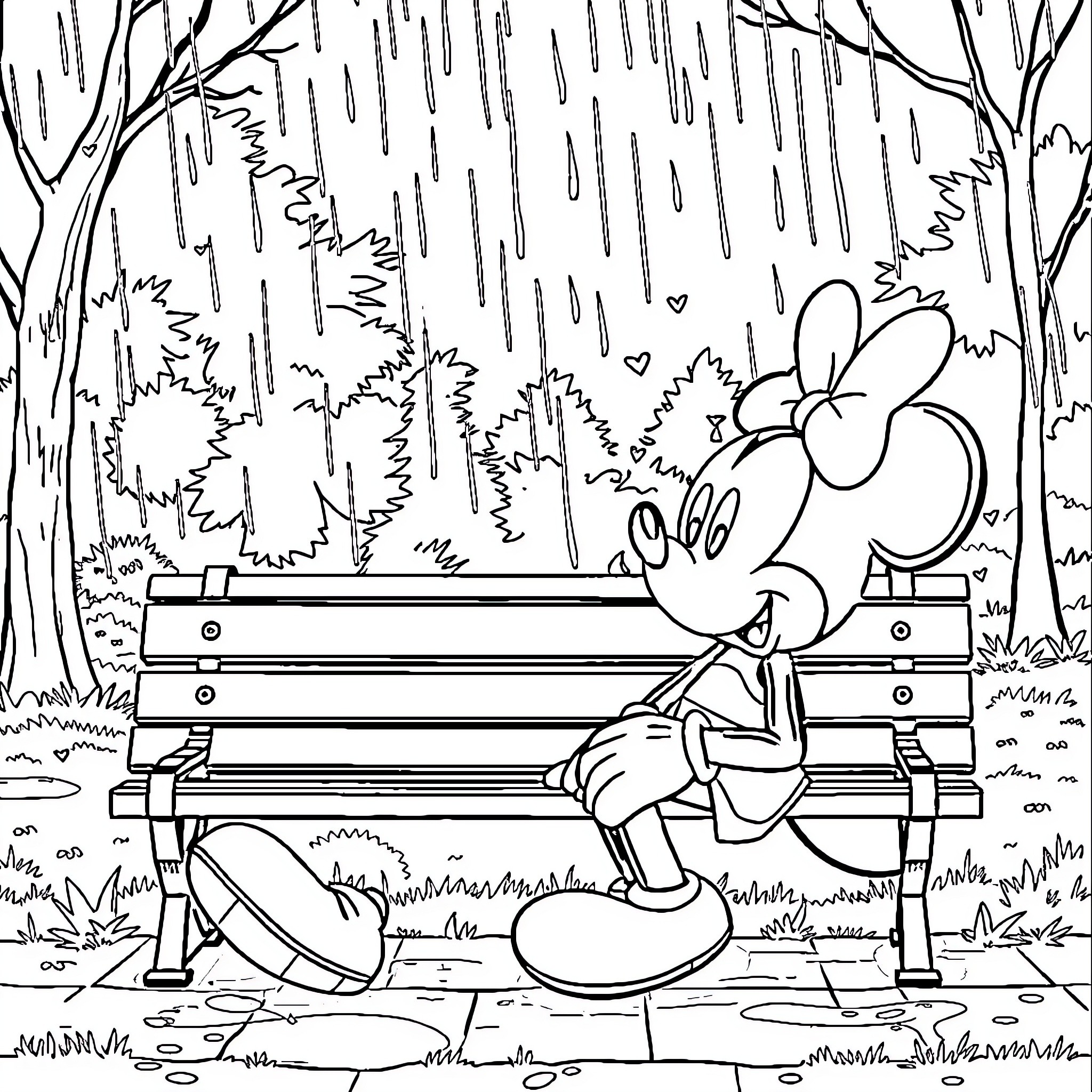 Mickey Mouse sitting on a bench in rainy park Coloring Page (free black-and-white line drawing printable PDF for all, from beginners to advanced learners, including children, teens, adults, and seniors)
