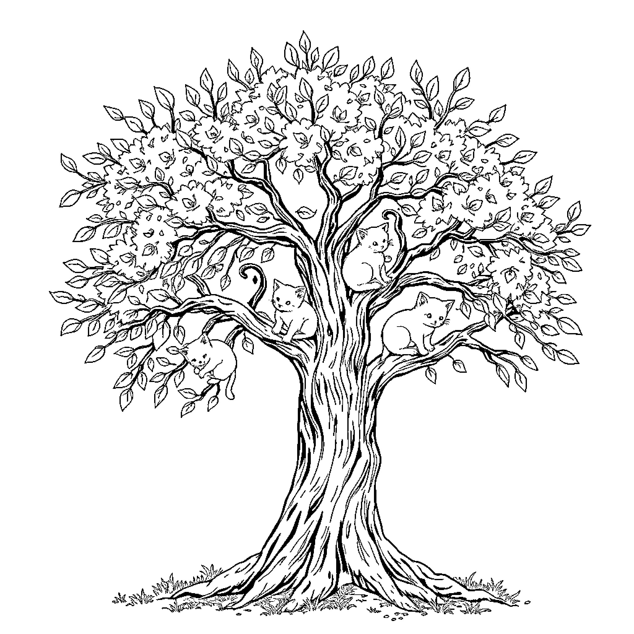 Tree with Detailed Branches and Leaves Coloring Page (free black-and-white line drawing printable PDF for all, from beginners to advanced learners, including children, teens, adults, and seniors)