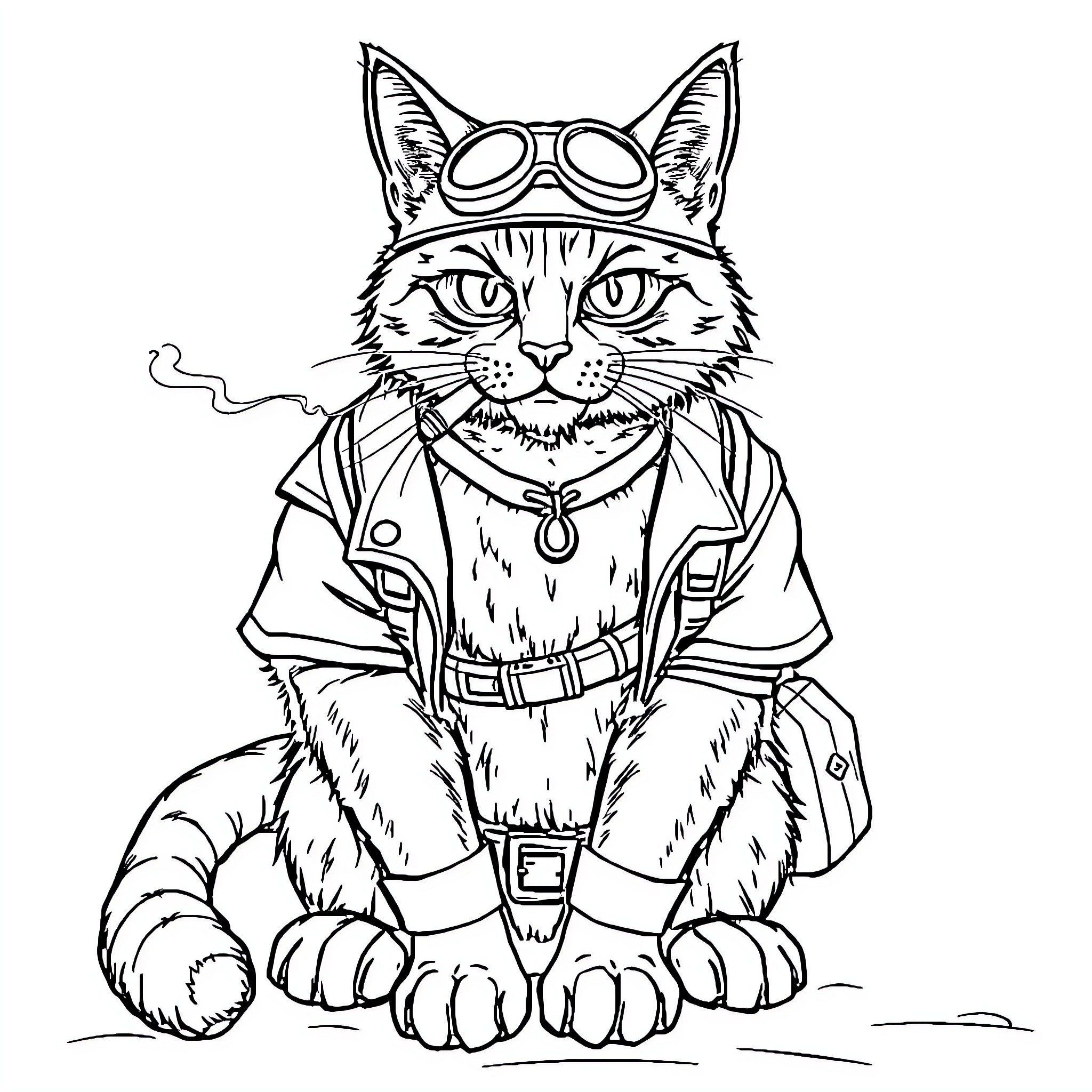 Cat in adventurer outfit with goggles Coloring Page (free black-and-white line drawing printable PDF for all, from beginners to advanced learners, including children, teens, adults, and seniors)