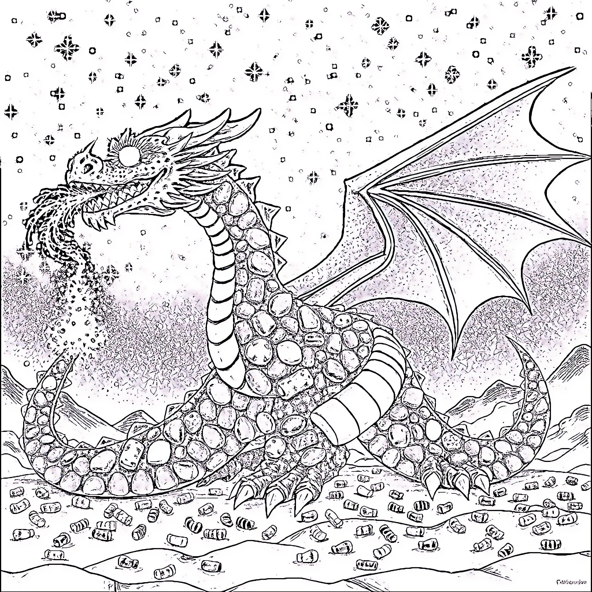 Dragon guarding its treasure hoard in the snow Coloring Page (free black-and-white line drawing printable PDF for all, from beginners to advanced learners, including children, teens, adults, and seniors)