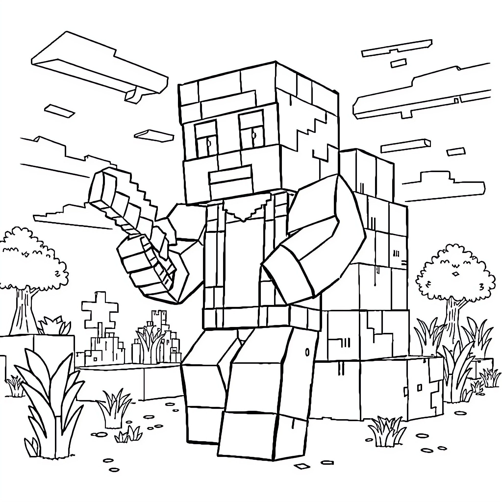Boy exploring the blocky landscape Coloring Page (free black-and-white line drawing printable PDF for all, from beginners to advanced learners, including children, teens, adults, and seniors)