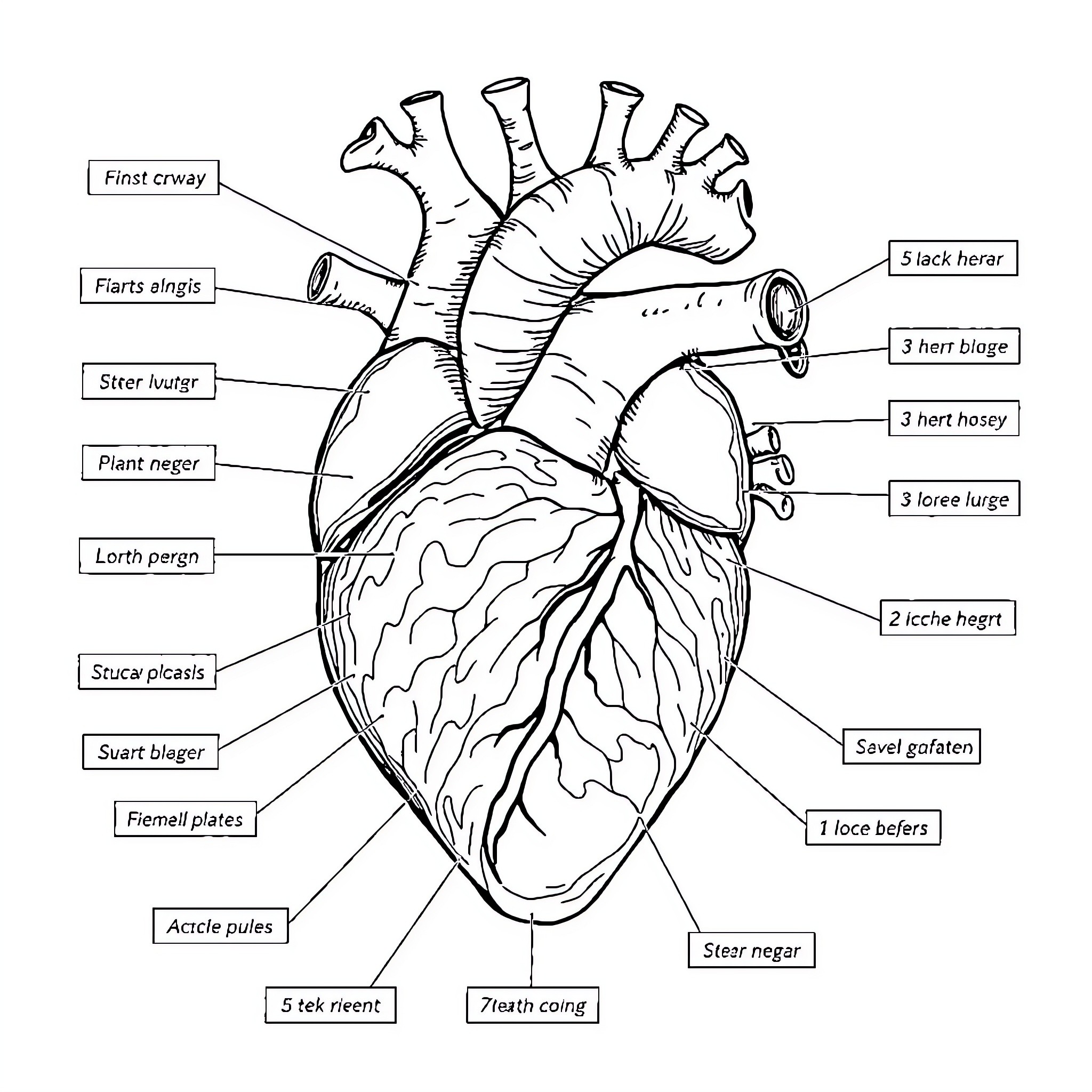 Heart's Intricate Anatomy Unveiled Coloring Page (free black-and-white line drawing printable PDF for all, from beginners to advanced learners, including children, teens, adults, and seniors)