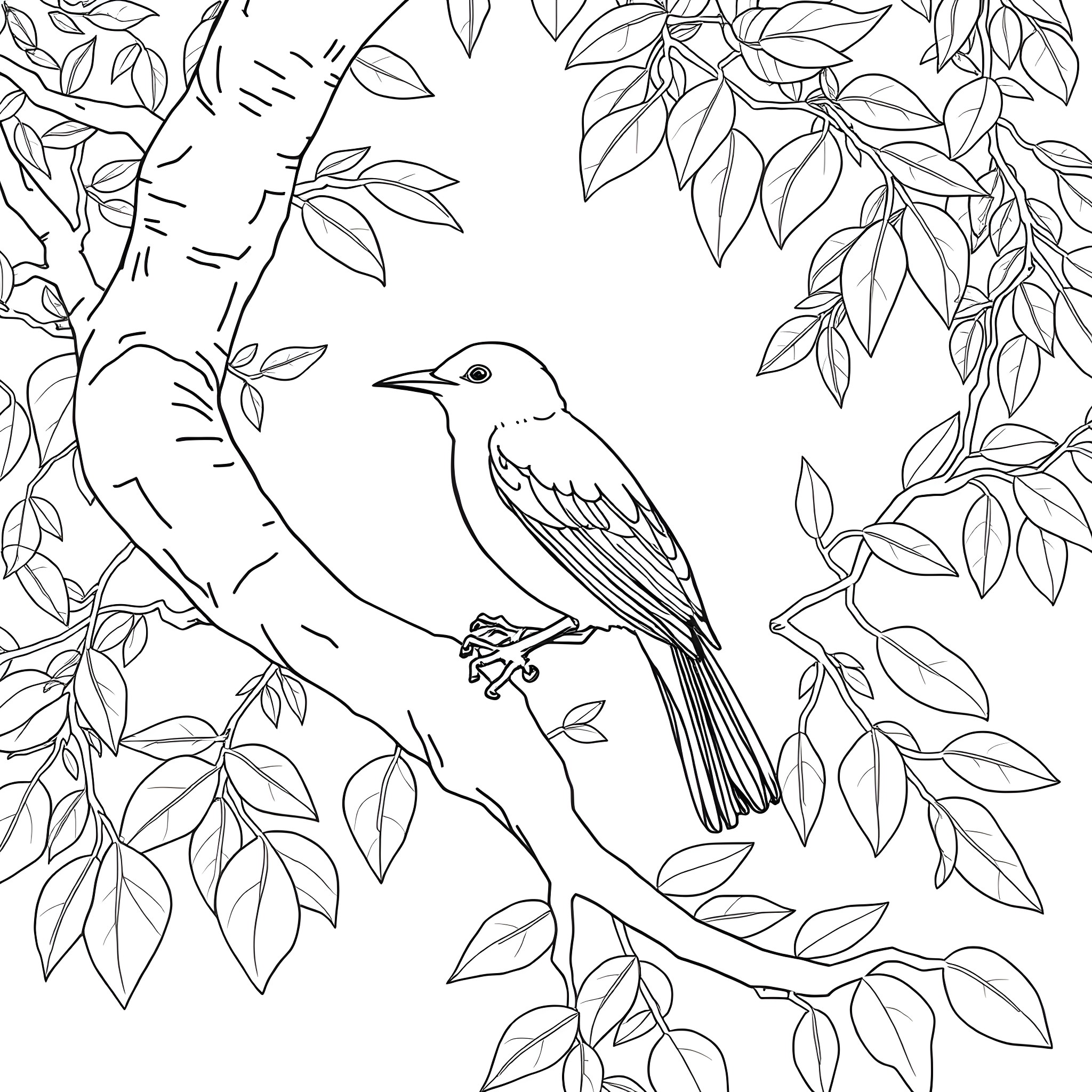 Passerina Cyanea perched amidst lush foliage Coloring Page (free black-and-white line drawing printable PDF for all, from beginners to advanced learners, including children, teens, adults, and seniors)