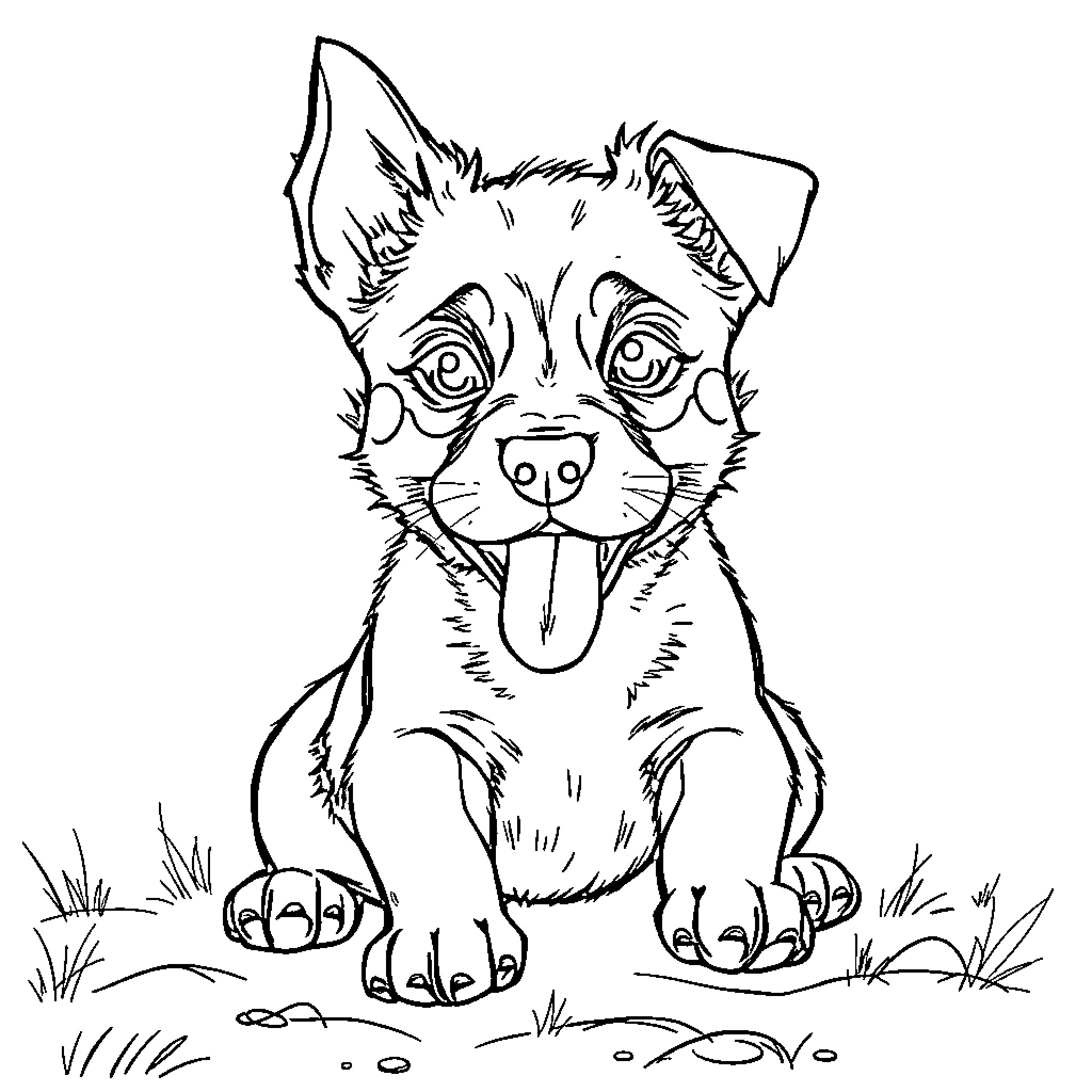 Dog sitting happily in the grass Coloring Page (free black-and-white line drawing printable PDF for all, from beginners to advanced learners, including children, teens, adults, and seniors)