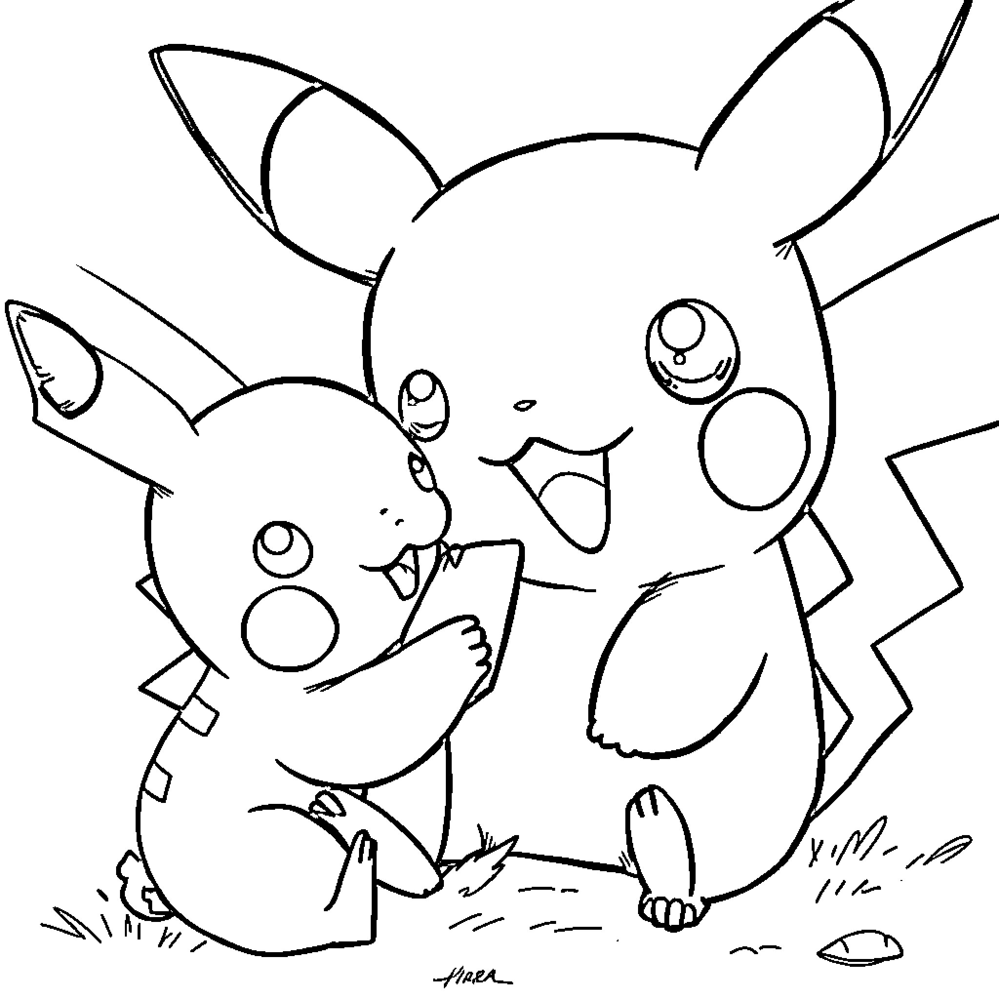 Pikachu and friends in a playful scene Coloring Page (free black-and-white line drawing printable PDF for all, from beginners to advanced learners, including children, teens, adults, and seniors)