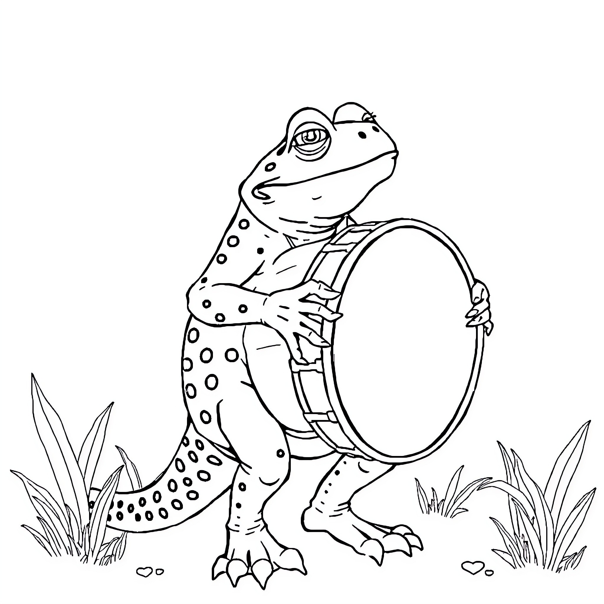 Frog playing with a drum in the grass Coloring Page (free black-and-white line drawing printable PDF for all, from beginners to advanced learners, including children, teens, adults, and seniors)