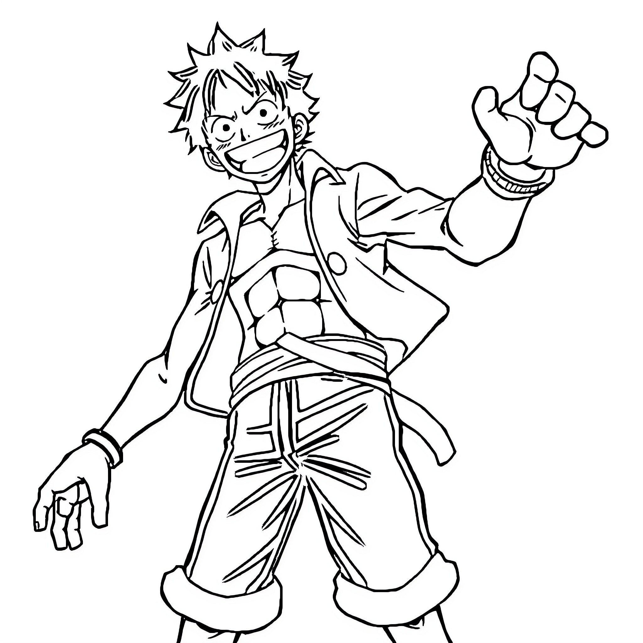 Monkey D Luffy Excitedly Punching with Determination Coloring Page (free black-and-white line drawing printable PDF for all, from beginners to advanced learners, including children, teens, adults, and seniors)