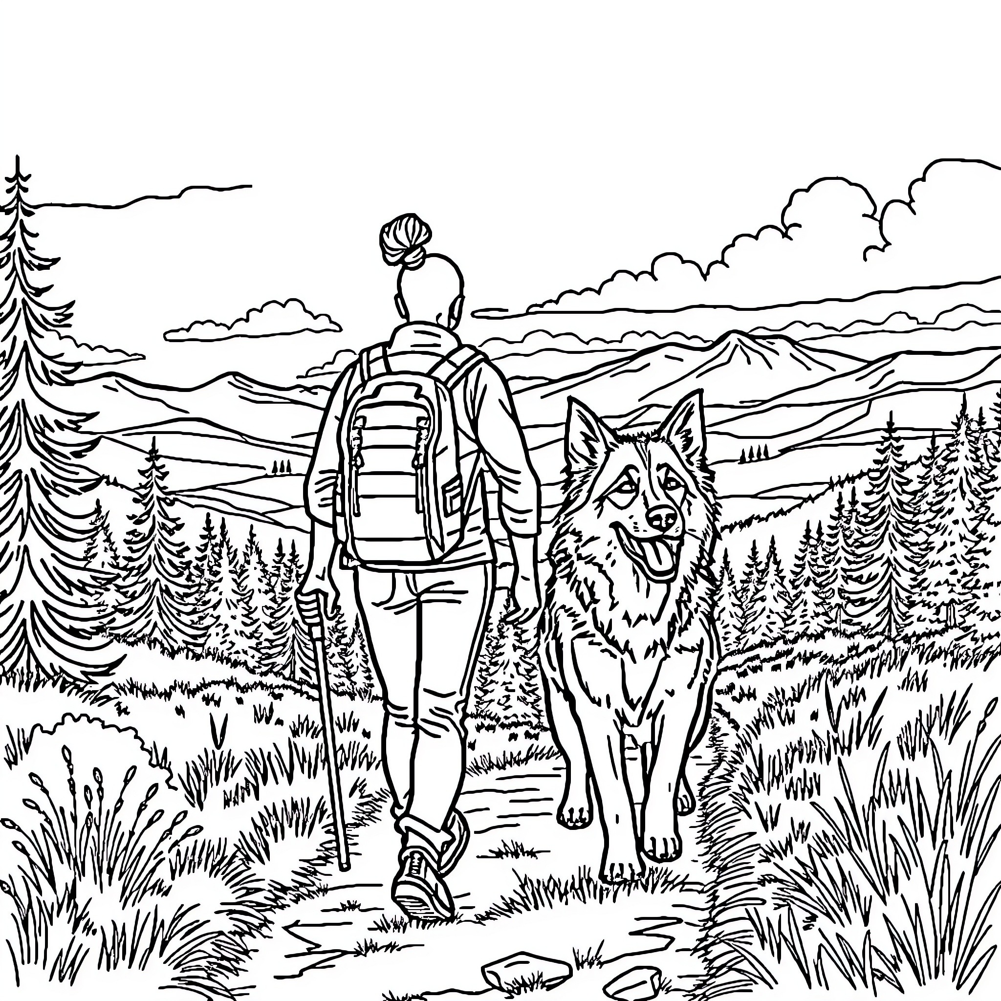 Woman hiking with her loyal dog in nature Coloring Page (free black-and-white line drawing printable PDF for all, from beginners to advanced learners, including children, teens, adults, and seniors)