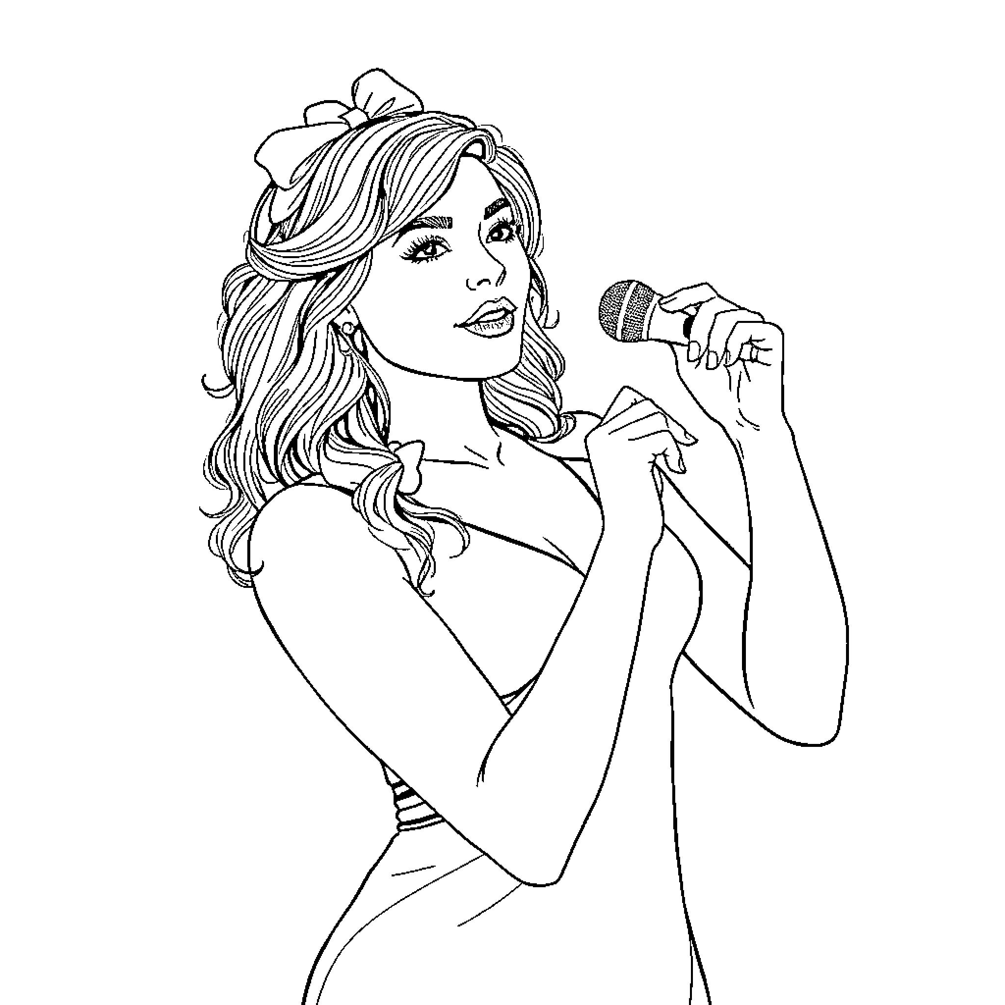 Kensie Reeves performing on stage with microphone Coloring Page (free black-and-white line drawing printable PDF for all, from beginners to advanced learners, including children, teens, adults, and seniors)
