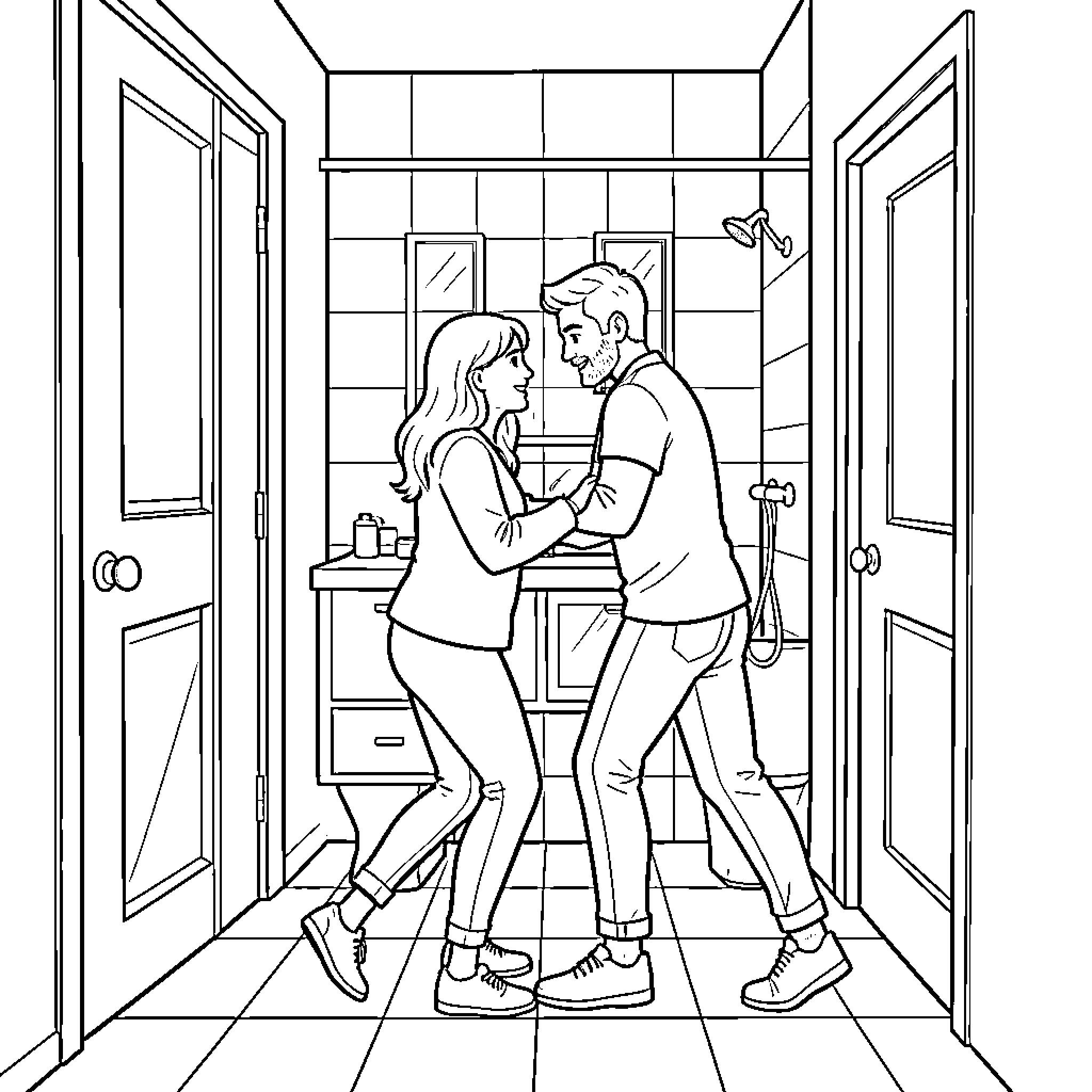 Bathroom scene with a couple dancing joyfully Coloring Page (free black-and-white line drawing printable PDF for all, from beginners to advanced learners, including children, teens, adults, and seniors)