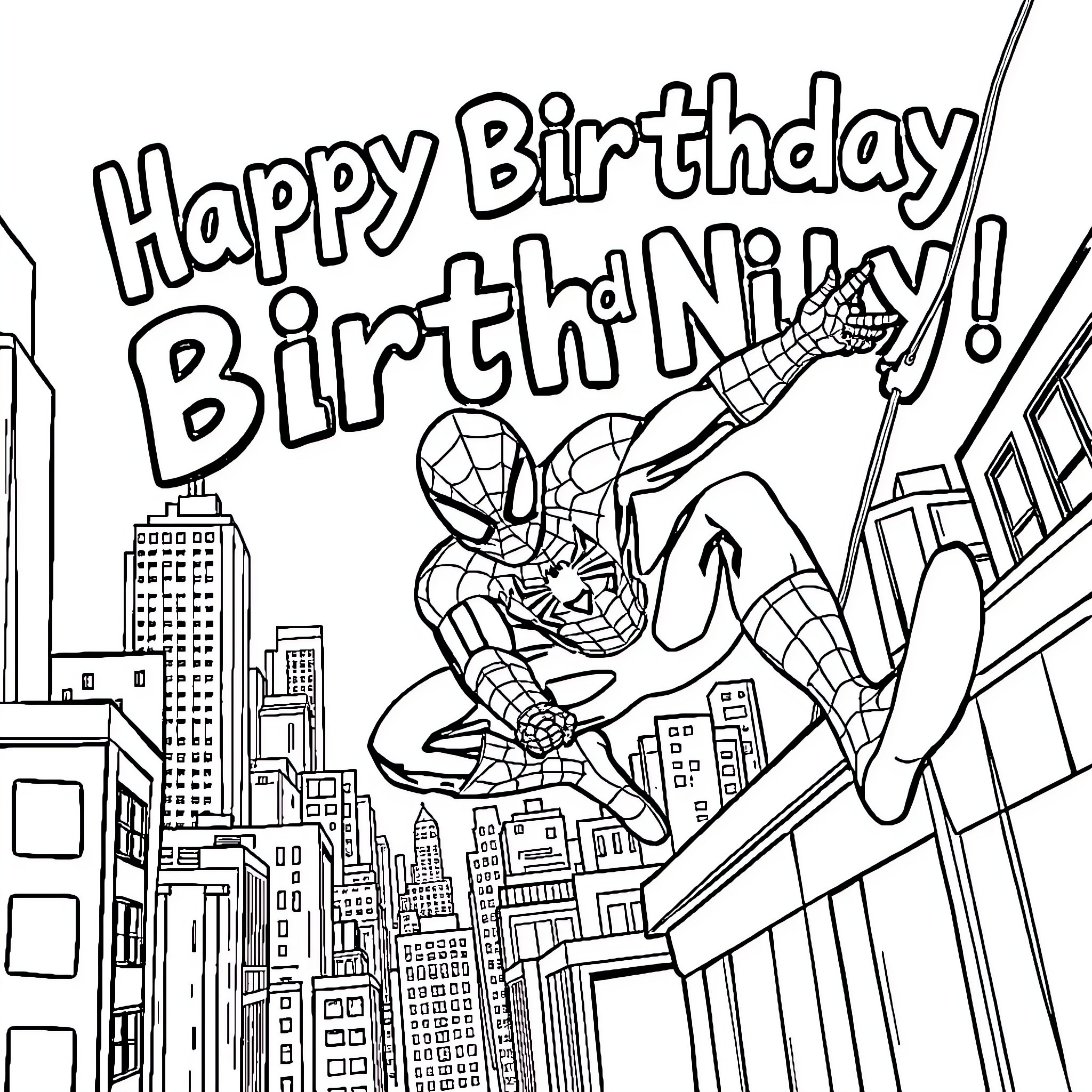 Spider-Man swinging through the city on a birthday adventure Coloring Page (free black-and-white line drawing printable PDF for all, from beginners to advanced learners, including children, teens, adults, and seniors)