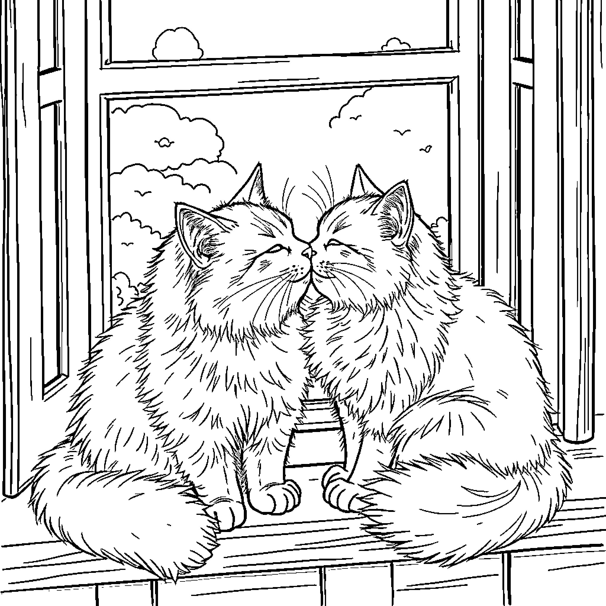 Cat companions napping peacefully by the window Coloring Page (free black-and-white line drawing printable PDF for all, from beginners to advanced learners, including children, teens, adults, and seniors)