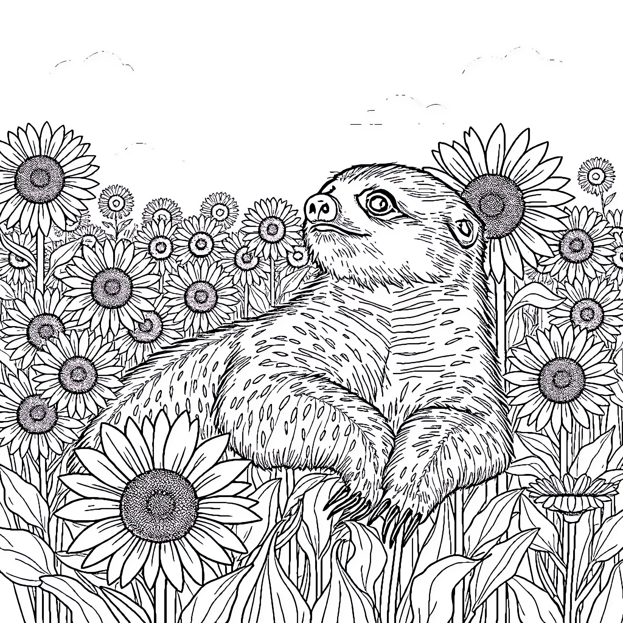 Sloth relaxing amidst vibrant sunflower field Coloring Page (free black-and-white line drawing printable PDF for all, from beginners to advanced learners, including children, teens, adults, and seniors)
