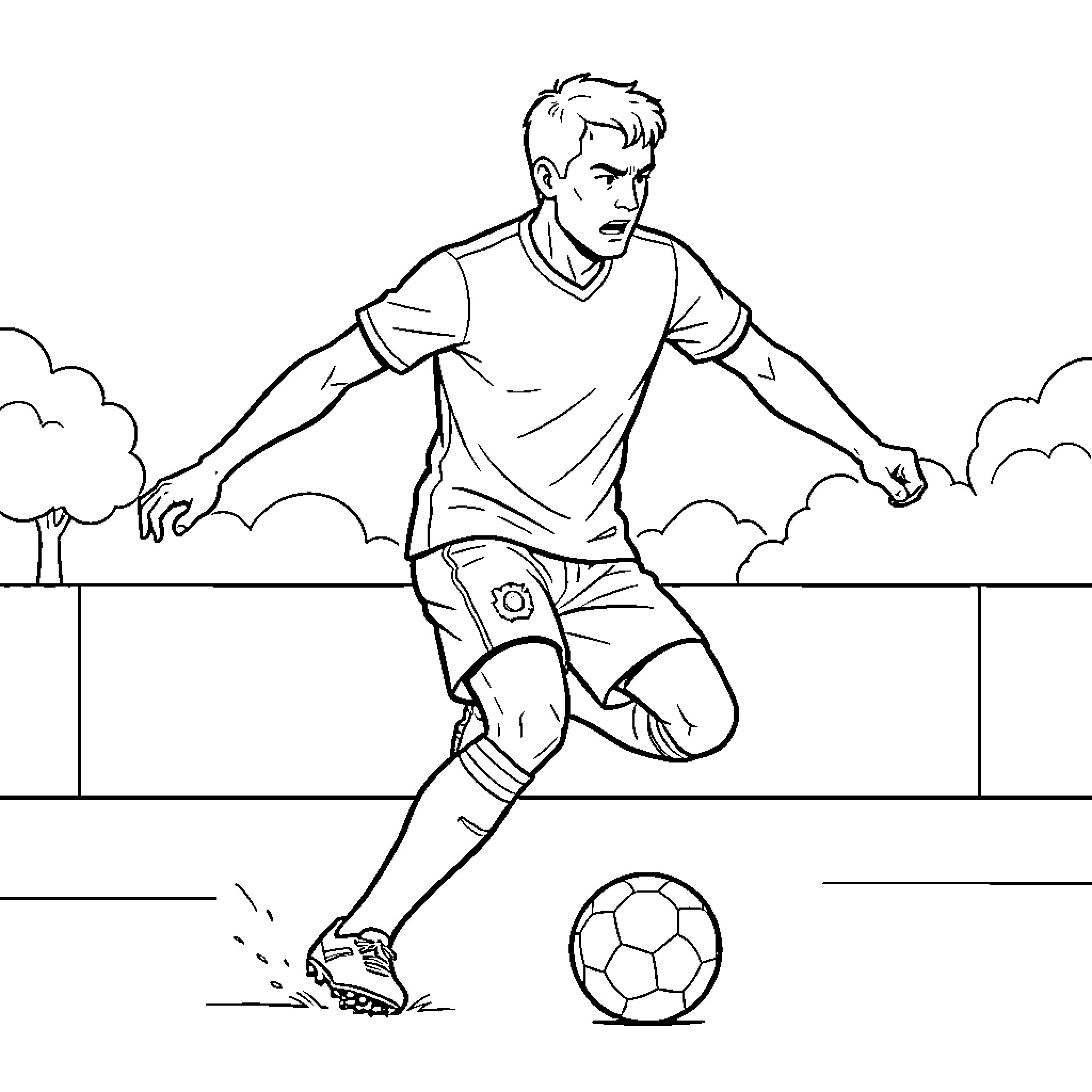 Foot Player kicking a soccer ball on the field Coloring Page (free black-and-white line drawing printable PDF for all, from beginners to advanced learners, including children, teens, adults, and seniors)
