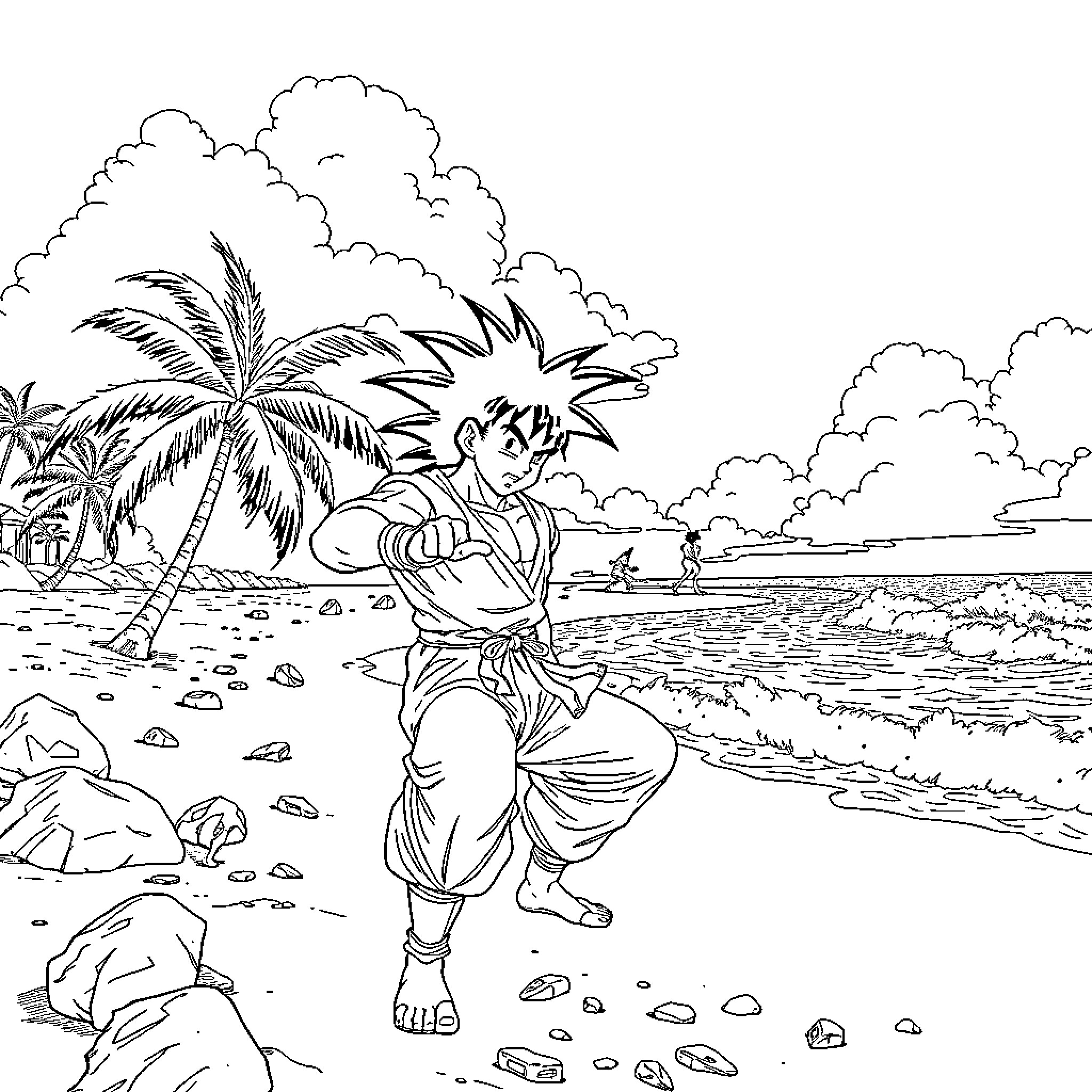 Jojo's adventurous journey on a tropical beach Coloring Page (free black-and-white line drawing printable PDF for all, from beginners to advanced learners, including children, teens, adults, and seniors)