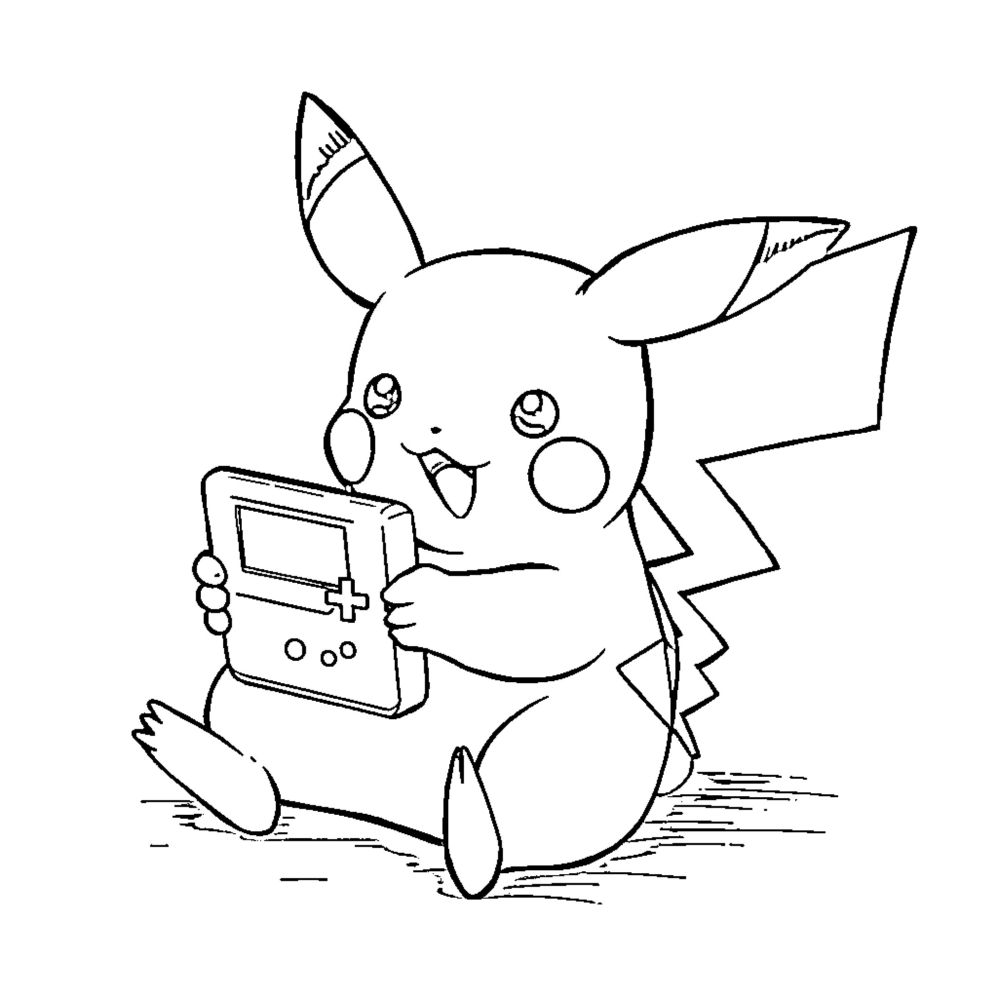 Pikachu playing with a handheld device Coloring Page (free black-and-white line drawing printable PDF for all, from beginners to advanced learners, including children, teens, adults, and seniors)