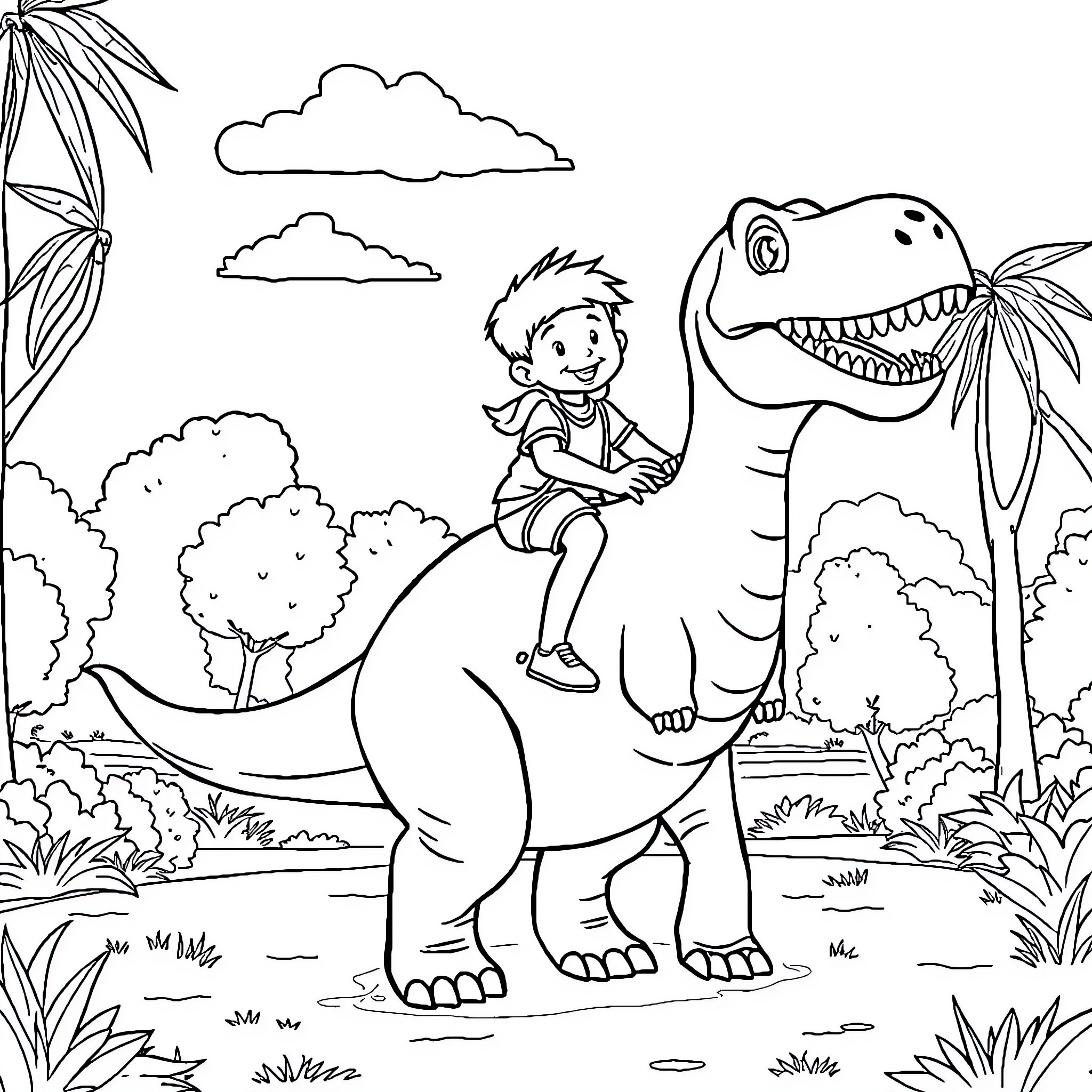 Boy riding a friendly dinosaur in the jungle Coloring Page (free black-and-white line drawing printable PDF for all, from beginners to advanced learners, including children, teens, adults, and seniors)