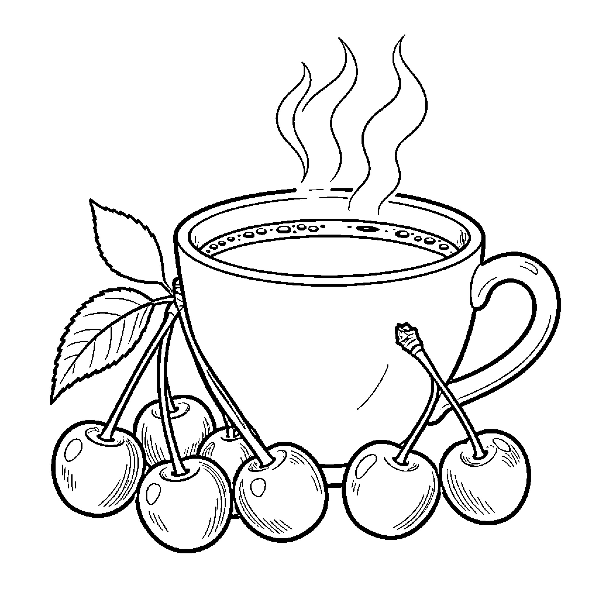 Cherry Delight: Steaming Cup and Sweet Cherries Coloring Page (free black-and-white line drawing printable PDF for all, from beginners to advanced learners, including children, teens, adults, and seniors)