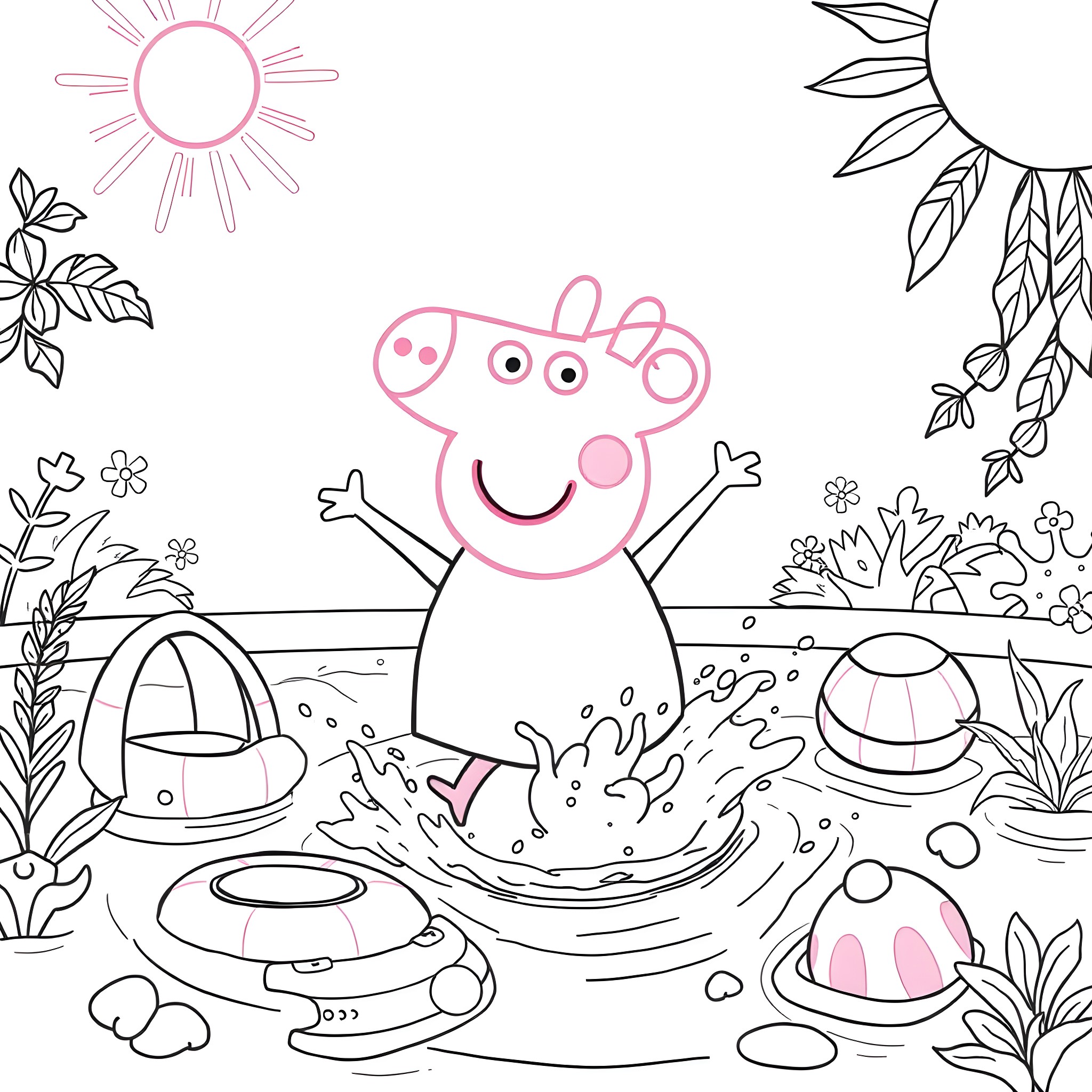 Peppa Pig having fun in the garden Coloring Page (free black-and-white line drawing printable PDF for all, from beginners to advanced learners, including children, teens, adults, and seniors)