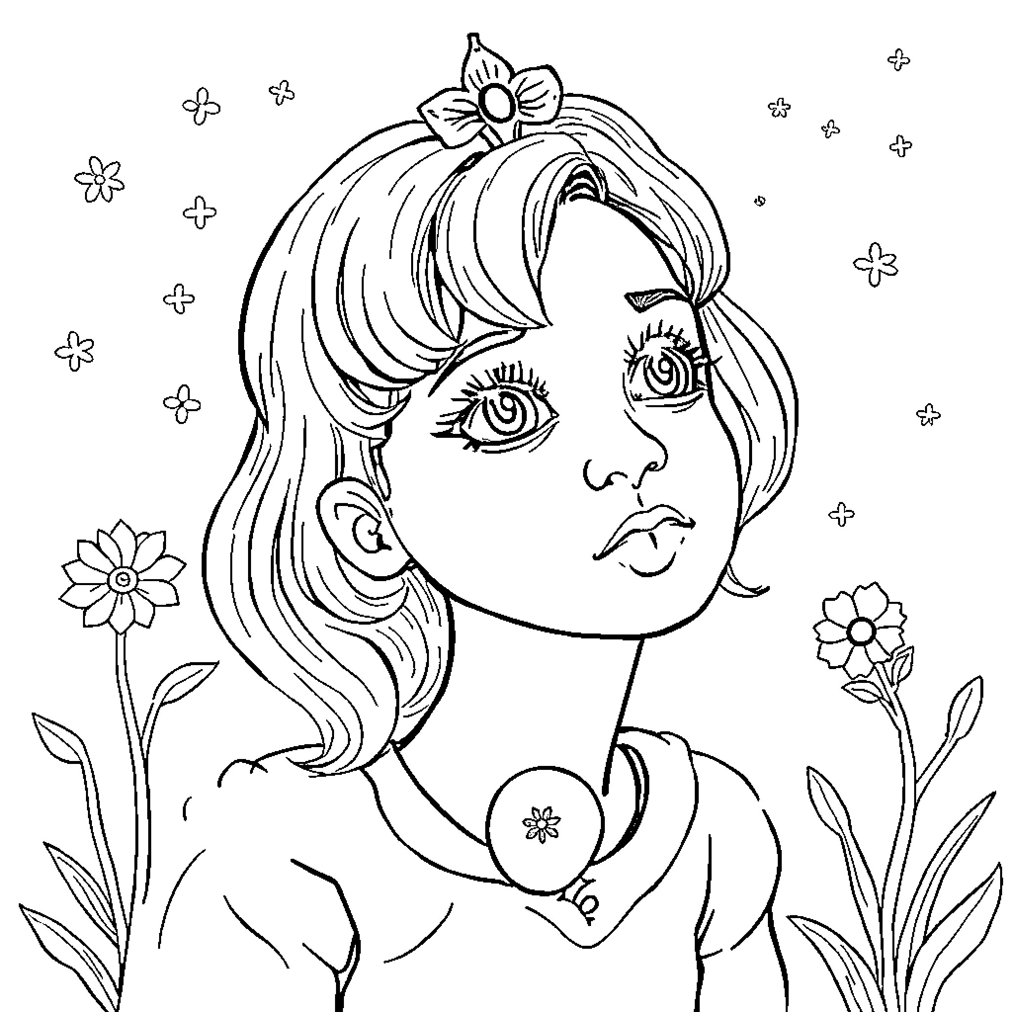 Marion's Charming Expression in Floral Surroundings Coloring Page (free black-and-white line drawing printable PDF for all, from beginners to advanced learners, including children, teens, adults, and seniors)