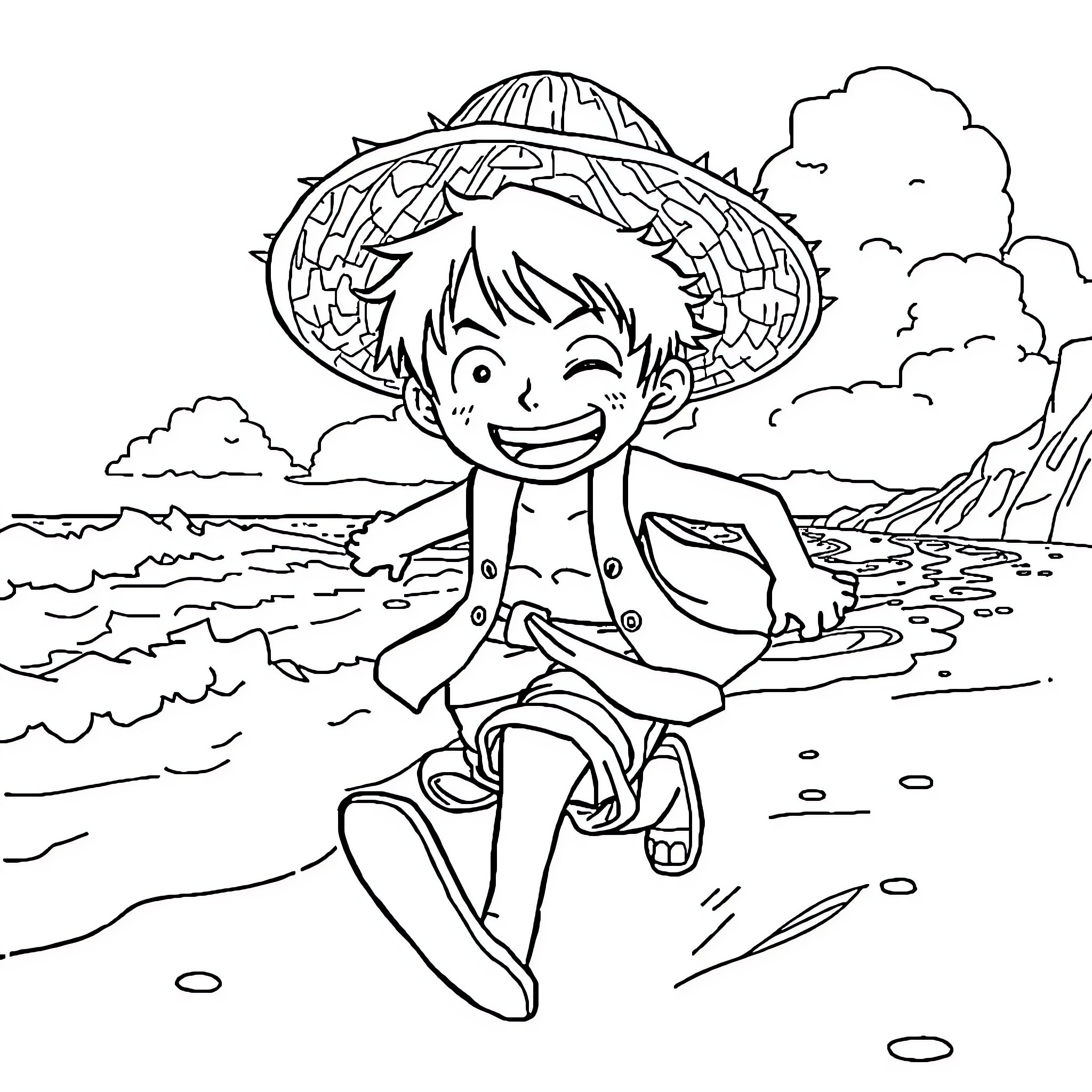 Luffy enjoying a sunny day at the beach Coloring Page (free black-and-white line drawing printable PDF for all, from beginners to advanced learners, including children, teens, adults, and seniors)