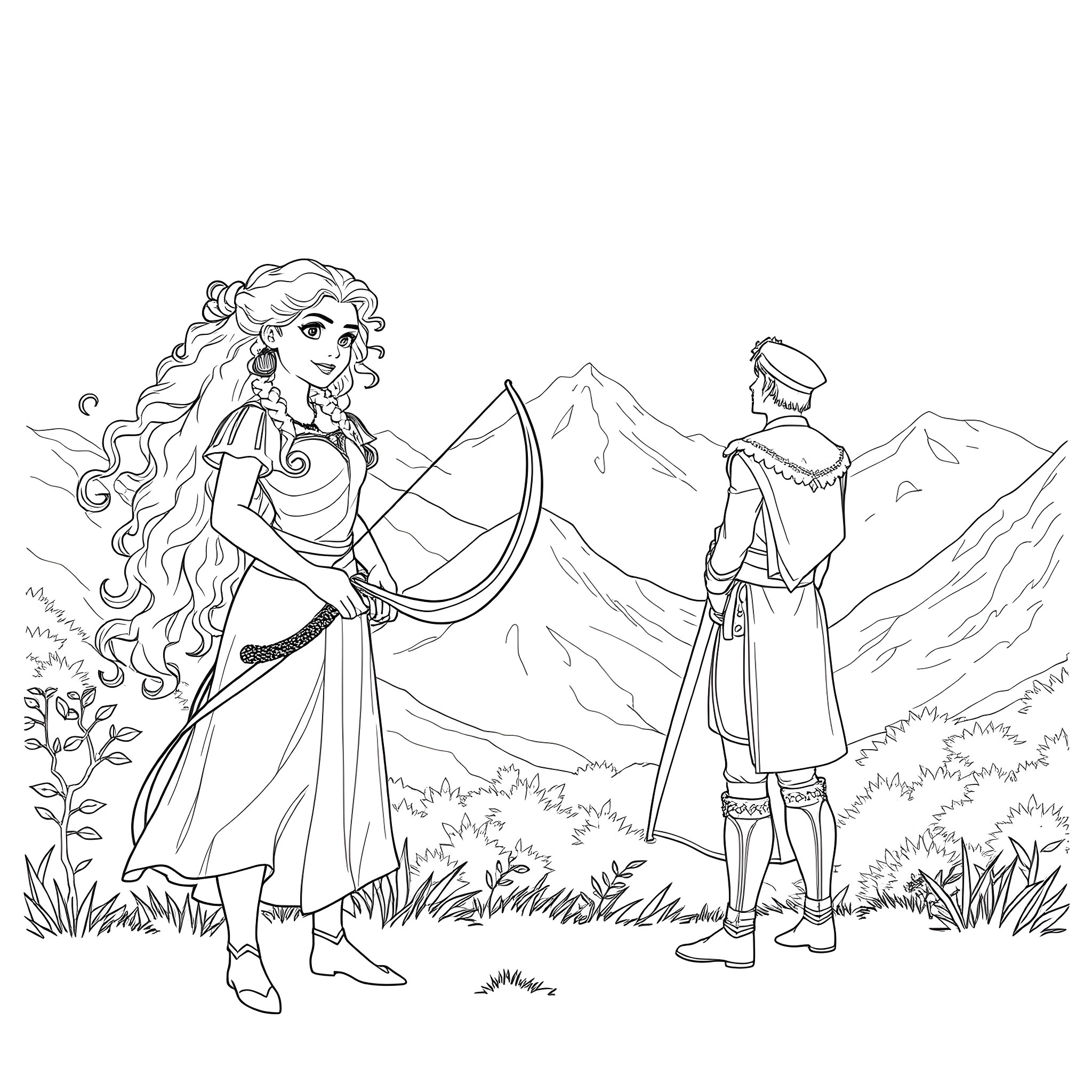 Merida exploring the wilderness with a companion Coloring Page (free black-and-white line drawing printable PDF for all, from beginners to advanced learners, including children, teens, adults, and seniors)
