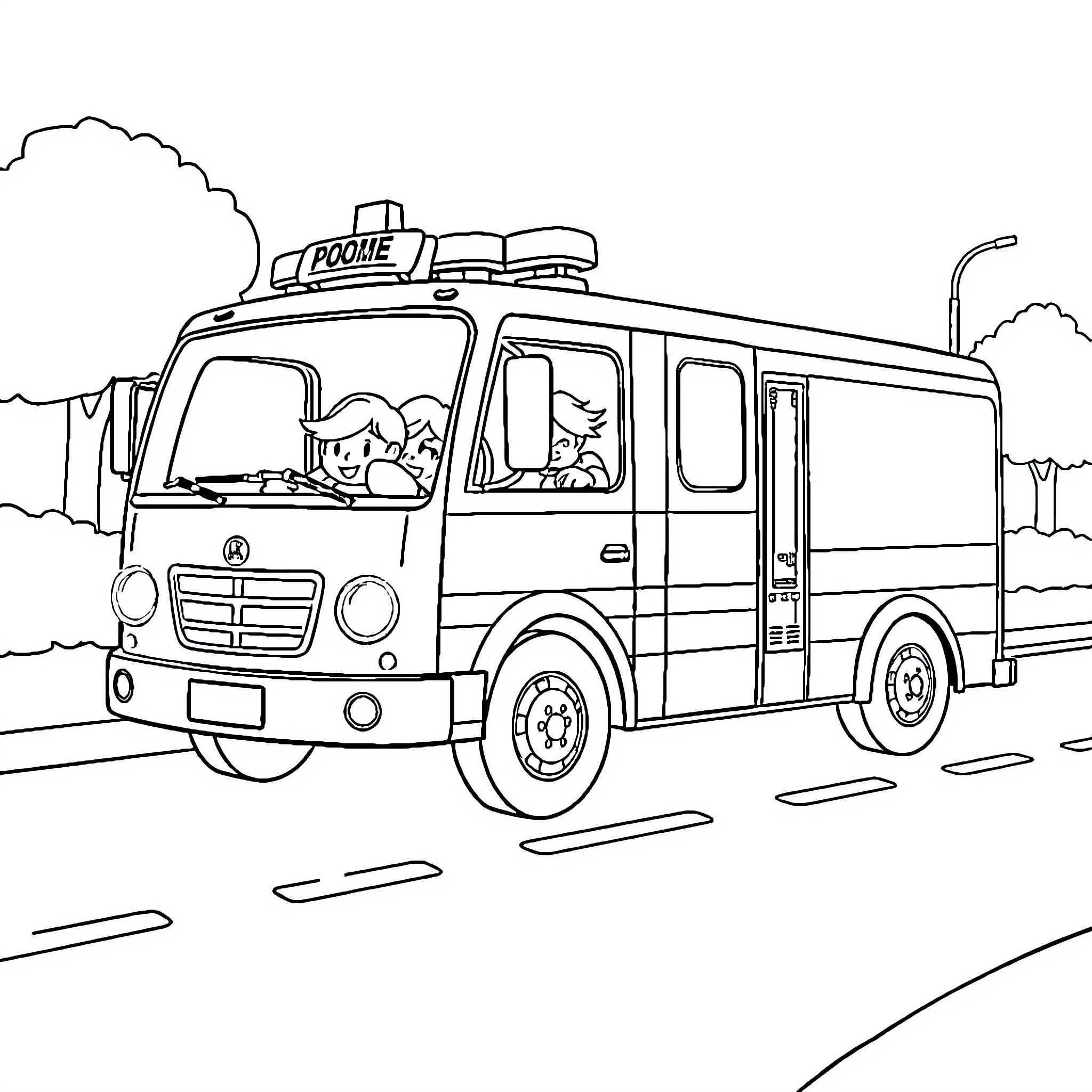 Camion emergency vehicle transporting people Coloring Page (free black-and-white line drawing printable PDF for all, from beginners to advanced learners, including children, teens, adults, and seniors)