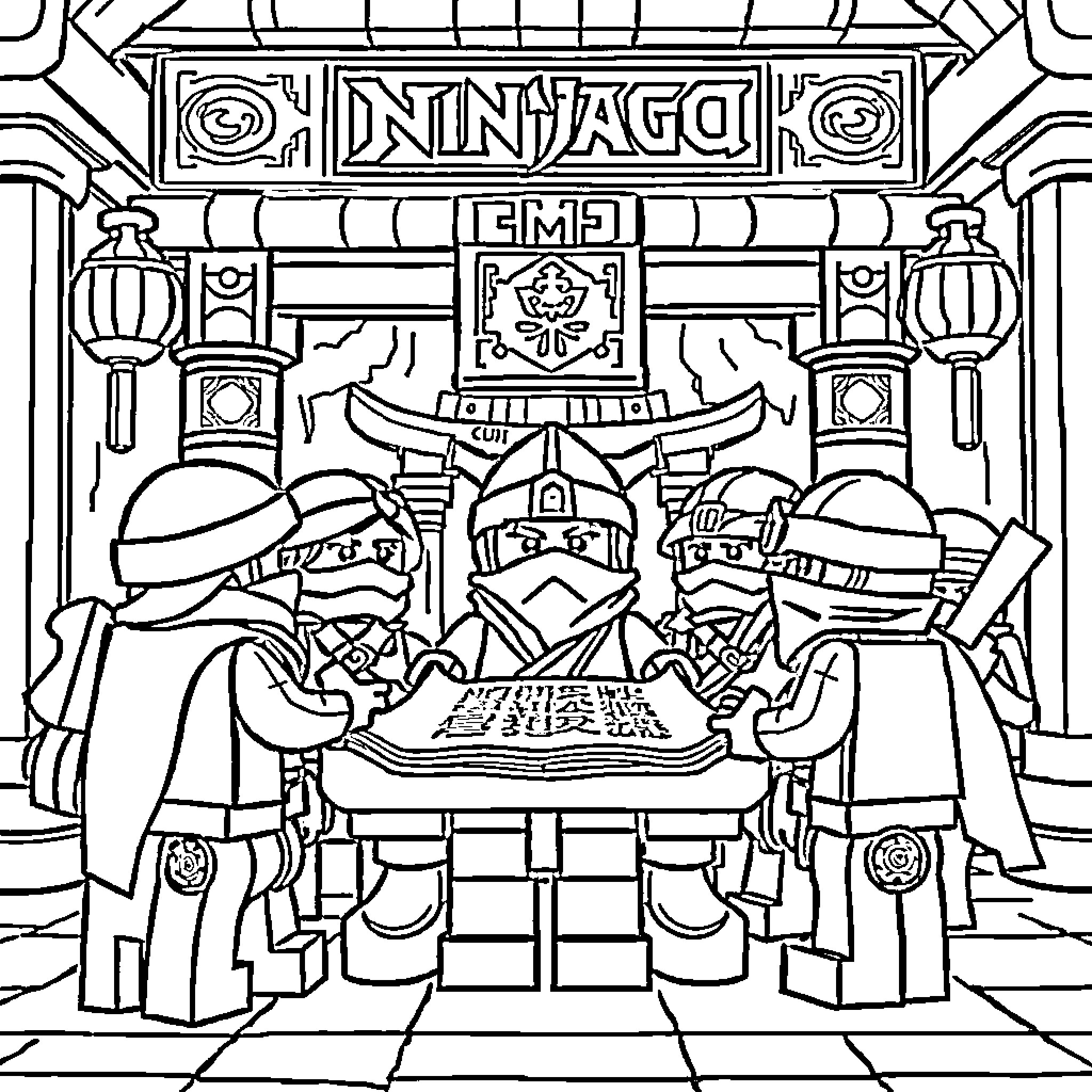 Ninjago characters in a temple scene Coloring Page (free black-and-white line drawing printable PDF for all, from beginners to advanced learners, including children, teens, adults, and seniors)