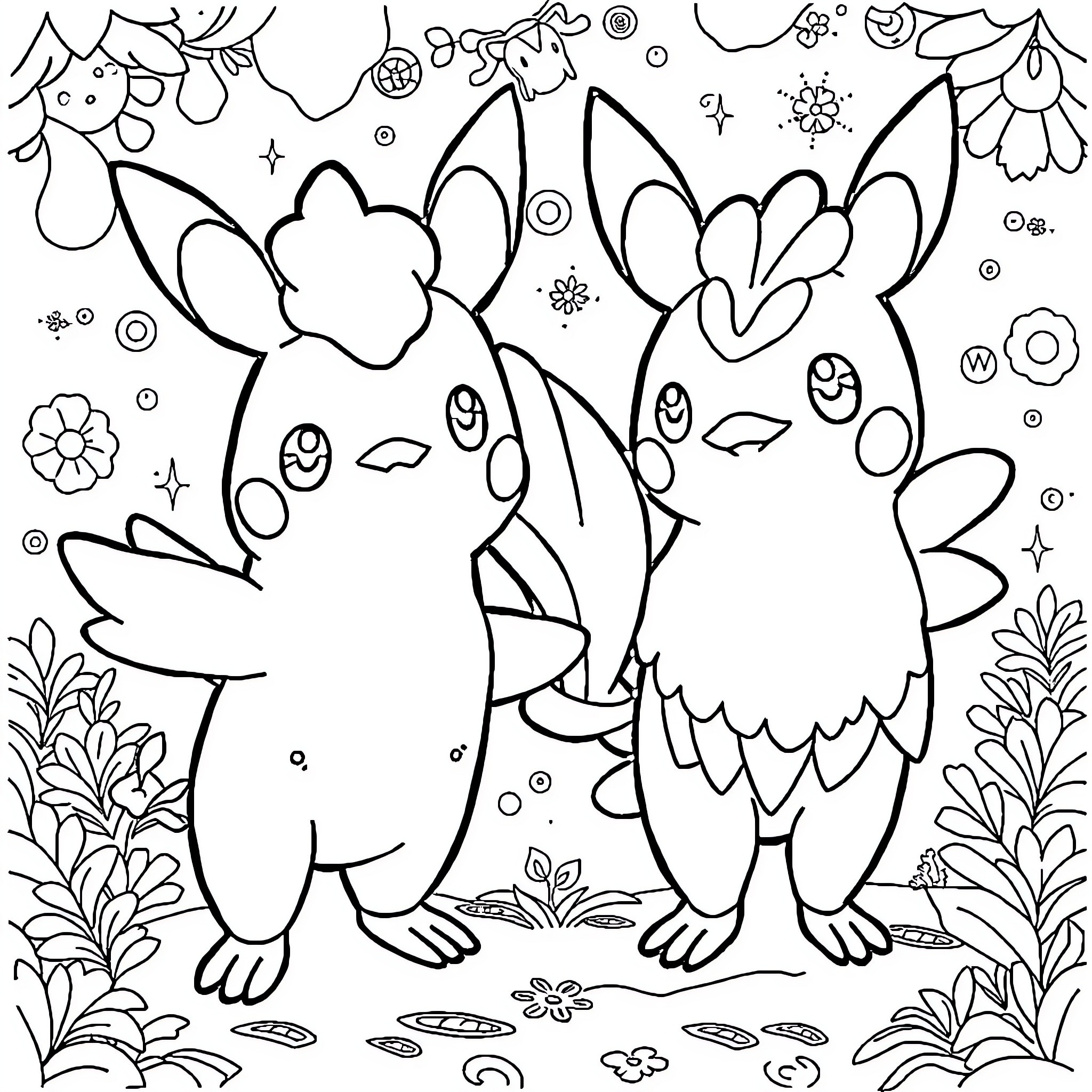 Pokémon Playful Companions in a Whimsical Scene Coloring Page (free black-and-white line drawing printable PDF for all, from beginners to advanced learners, including children, teens, adults, and seniors)
