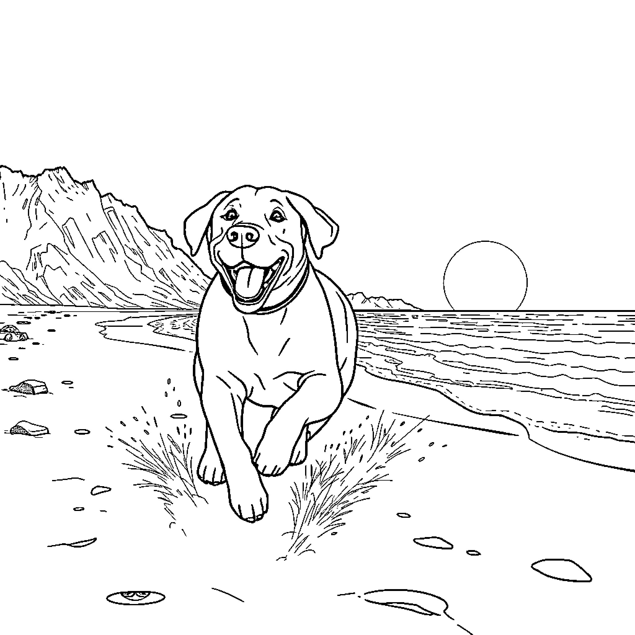 Labrador enjoying the scenic beach Coloring Page (free black-and-white line drawing printable PDF for all, from beginners to advanced learners, including children, teens, adults, and seniors)
