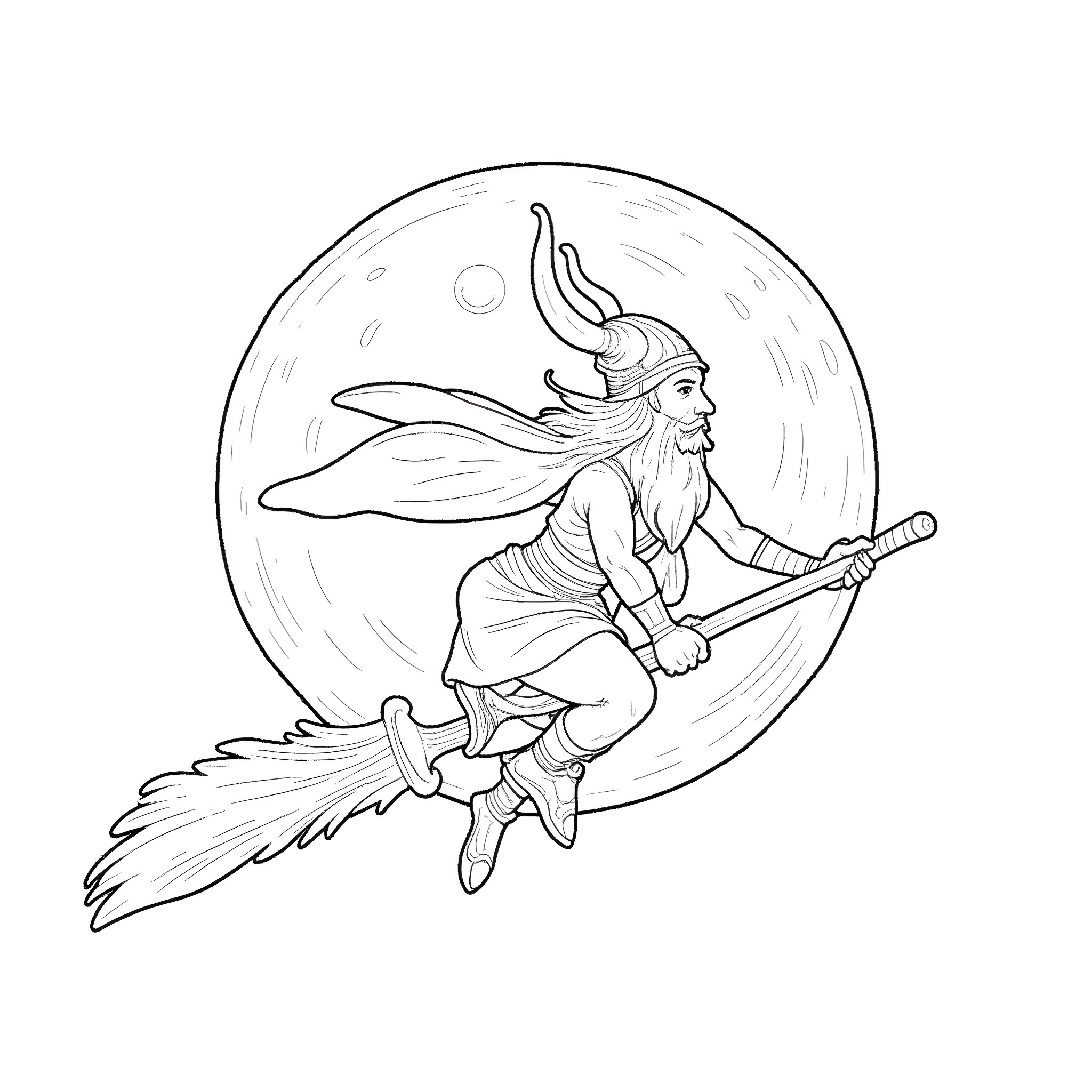 Viking soaring through the night sky on a broomstick Coloring Page (free black-and-white line drawing printable PDF for all, from beginners to advanced learners, including children, teens, adults, and seniors)