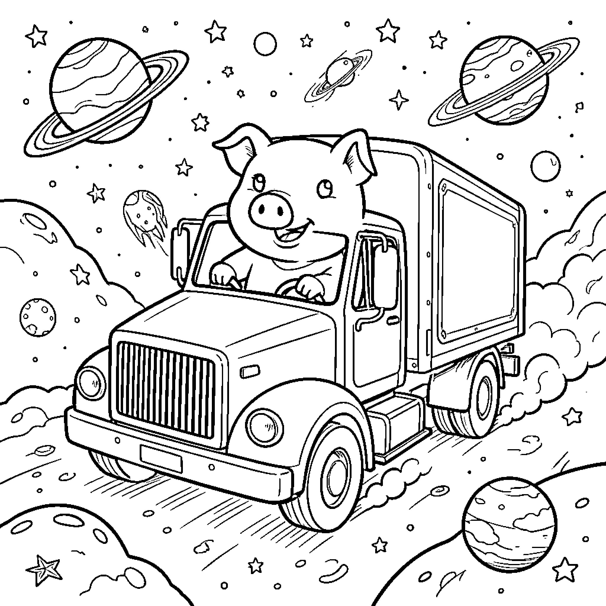 Cochon driving a truck through outer space Coloring Page (free black-and-white line drawing printable PDF for all, from beginners to advanced learners, including children, teens, adults, and seniors)