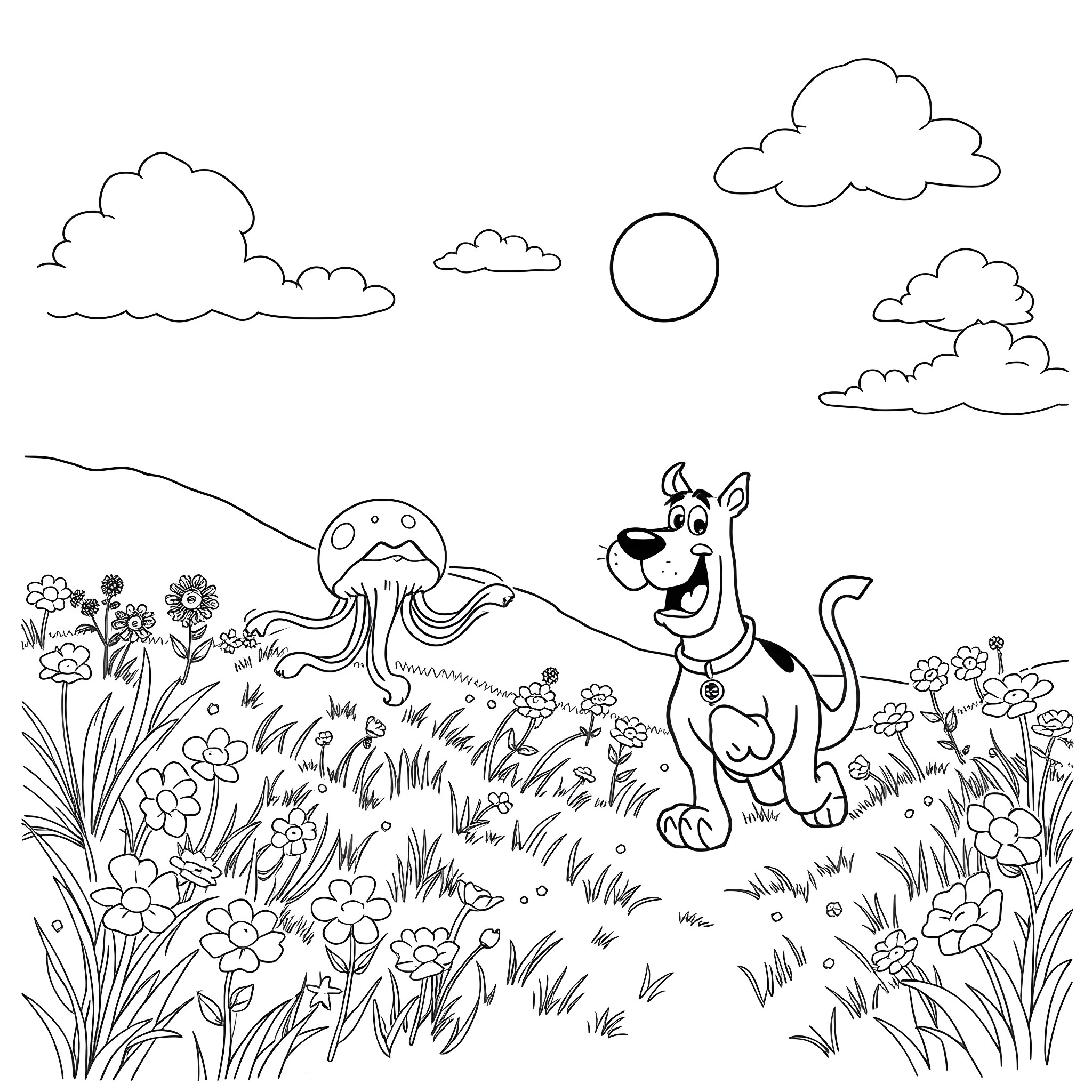 Scooby Doo's adventure in the vibrant meadow Coloring Page (free black-and-white line drawing printable PDF for all, from beginners to advanced learners, including children, teens, adults, and seniors)