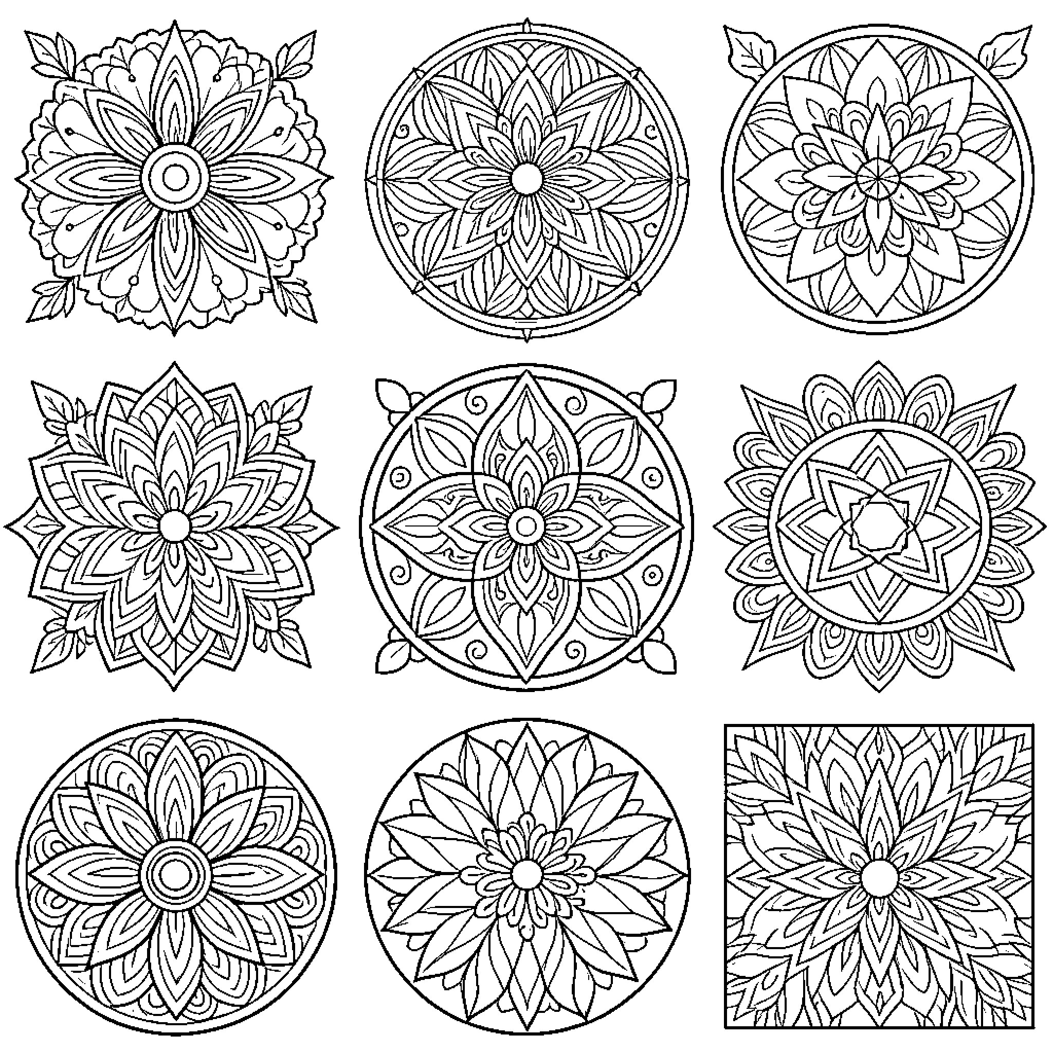 Sacred Geometry patterns arranged in symmetrical floral designs Coloring Page (free black-and-white line drawing printable PDF for all, from beginners to advanced learners, including children, teens, adults, and seniors)