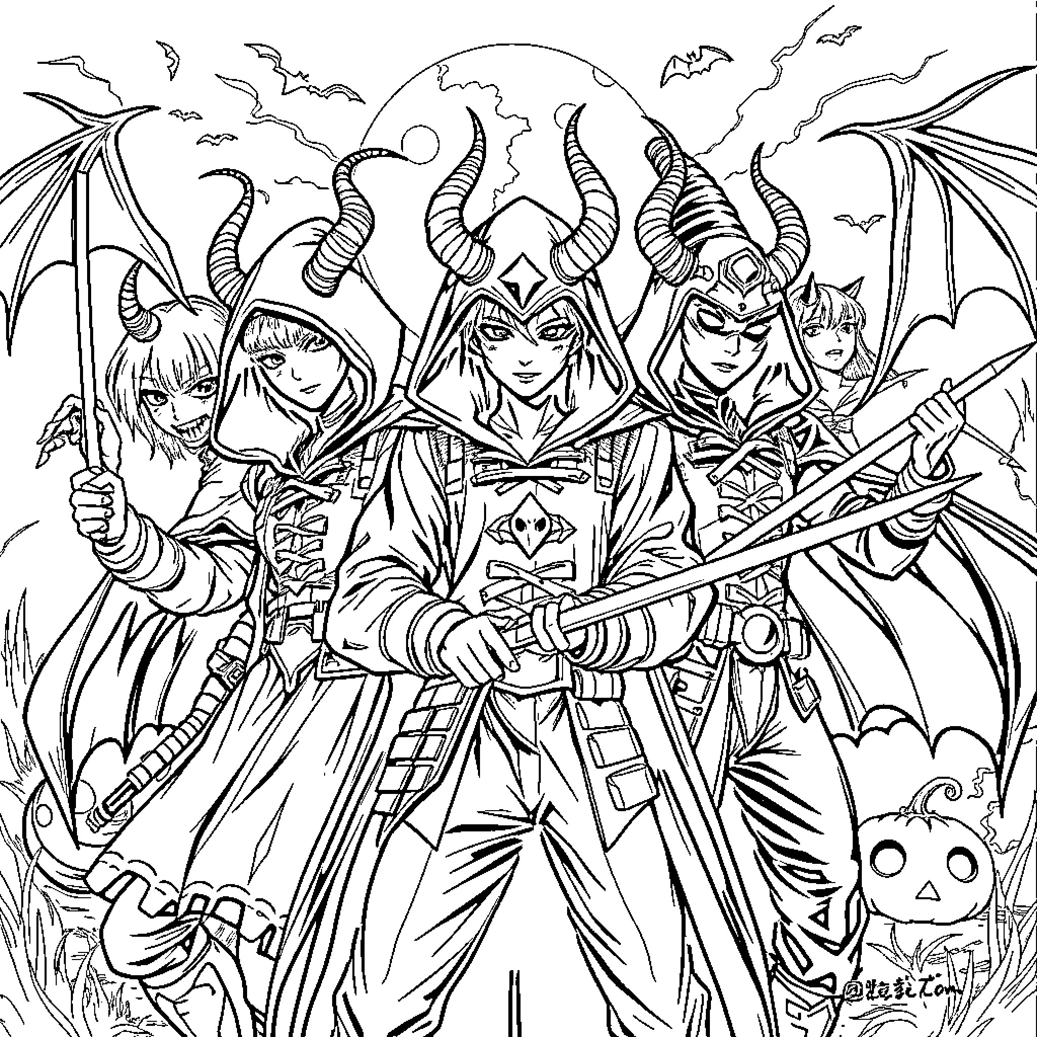 Demon Hunters in Epic Battle Formation Coloring Page (free black-and-white line drawing printable PDF for all, from beginners to advanced learners, including children, teens, adults, and seniors)