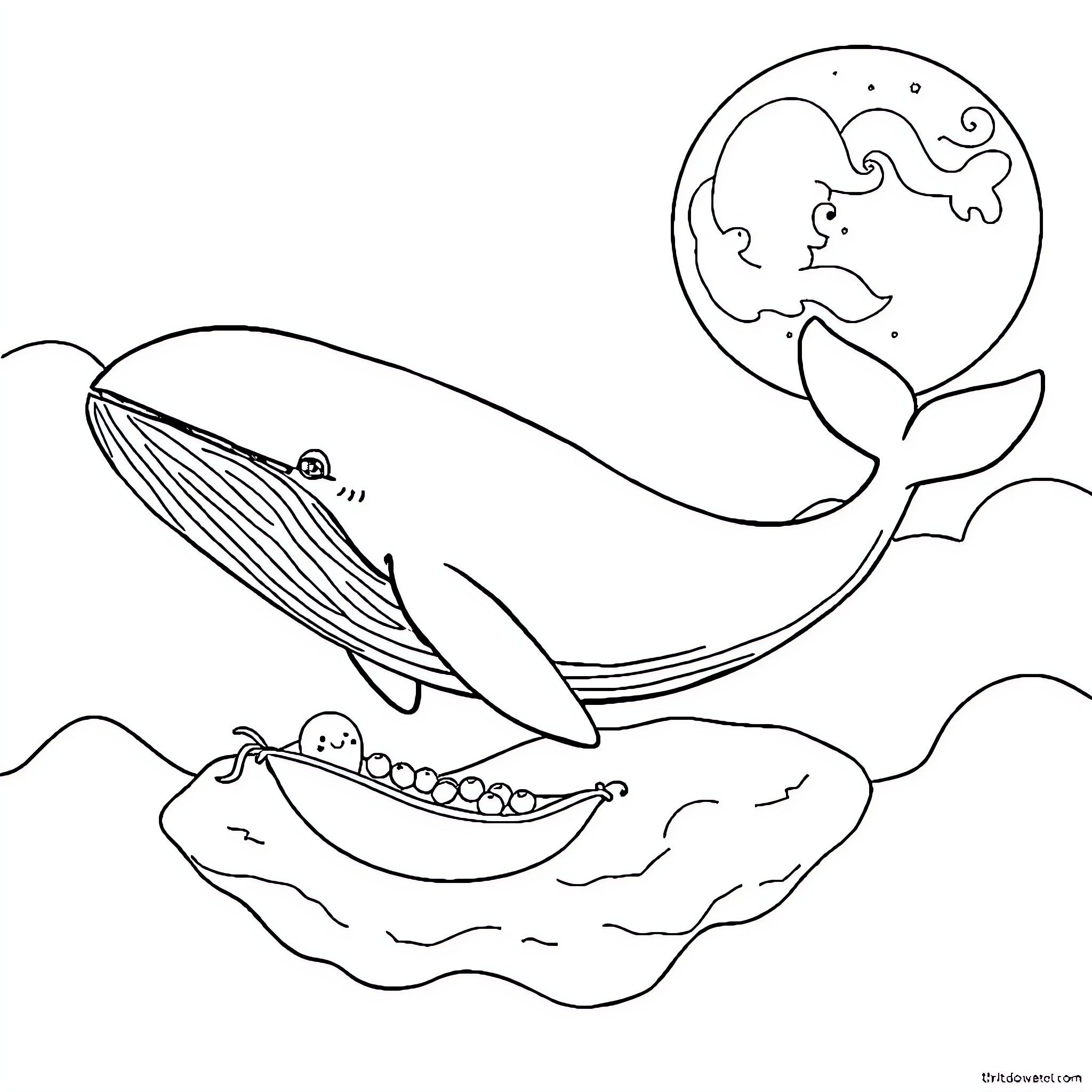 Whale swimming peacefully under the night sky Coloring Page (free black-and-white line drawing printable PDF for all, from beginners to advanced learners, including children, teens, adults, and seniors)