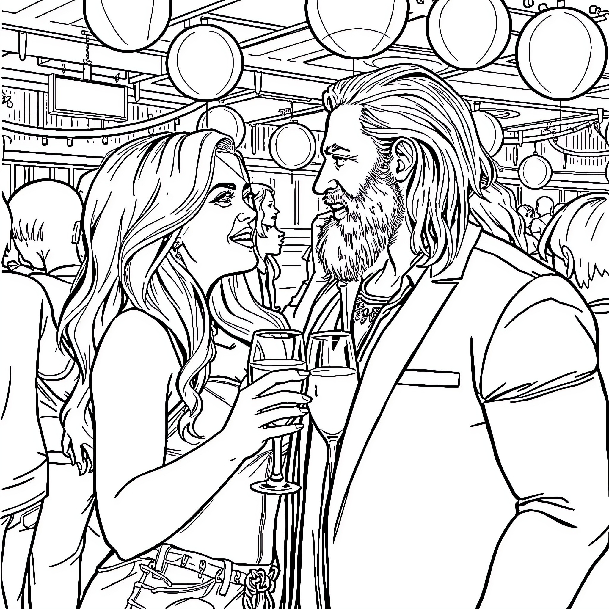 Jason Momoa and a woman sharing a drink together Coloring Page (free black-and-white line drawing printable PDF for all, from beginners to advanced learners, including children, teens, adults, and seniors)
