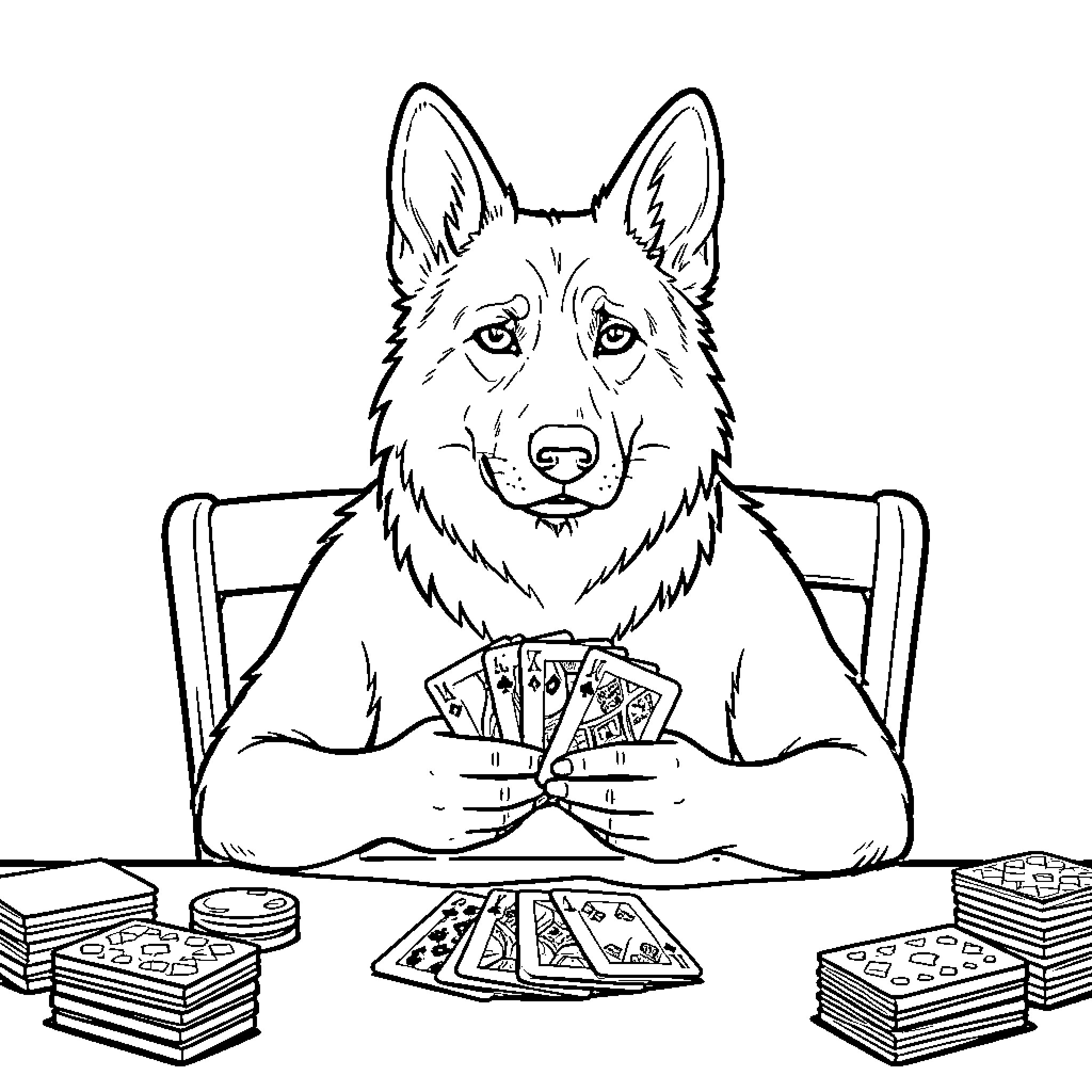 German Shepherd playing a card game at a table Coloring Page (free black-and-white line drawing printable PDF for all, from beginners to advanced learners, including children, teens, adults, and seniors)