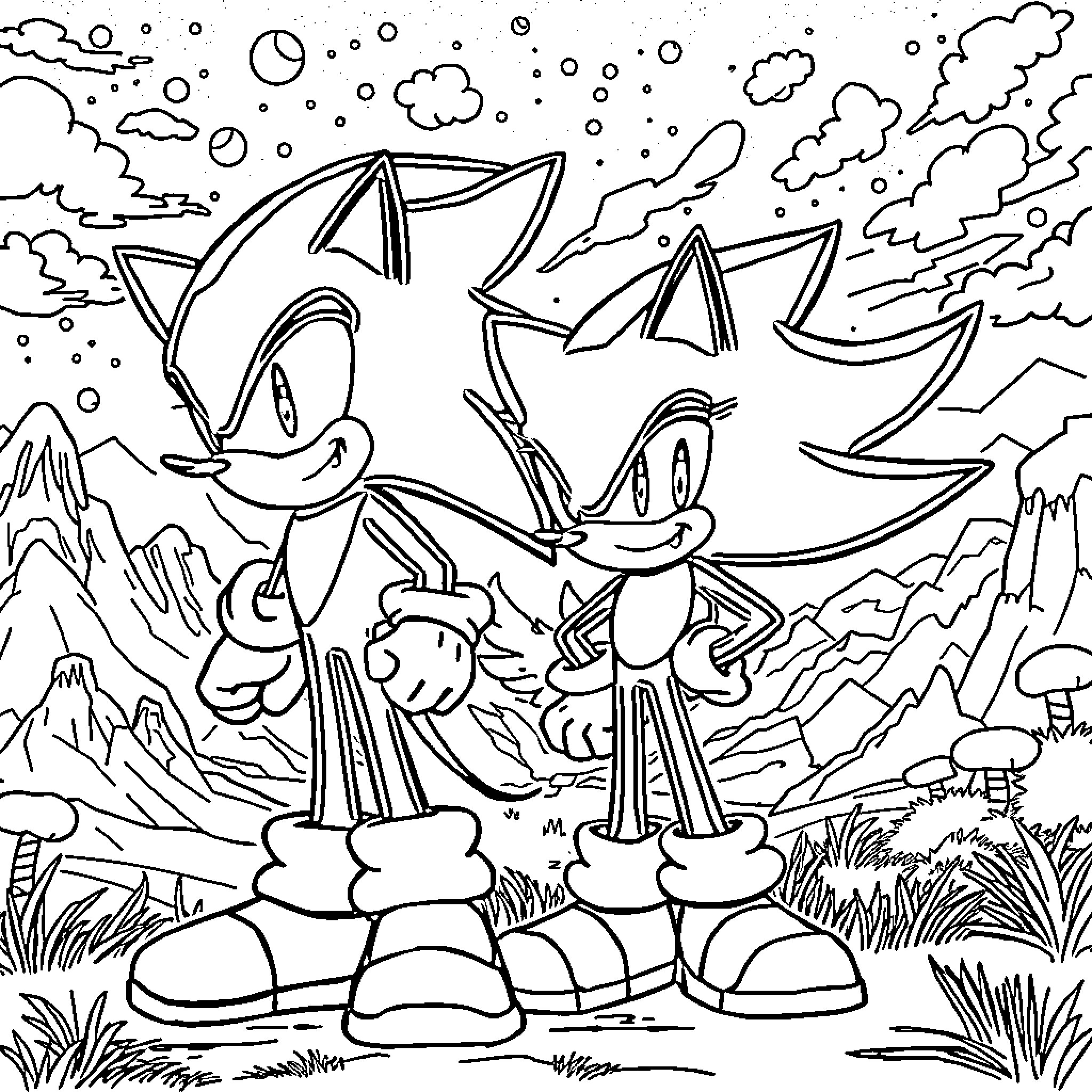 Sonic characters running through nature Coloring Page (free black-and-white line drawing printable PDF for all, from beginners to advanced learners, including children, teens, adults, and seniors)