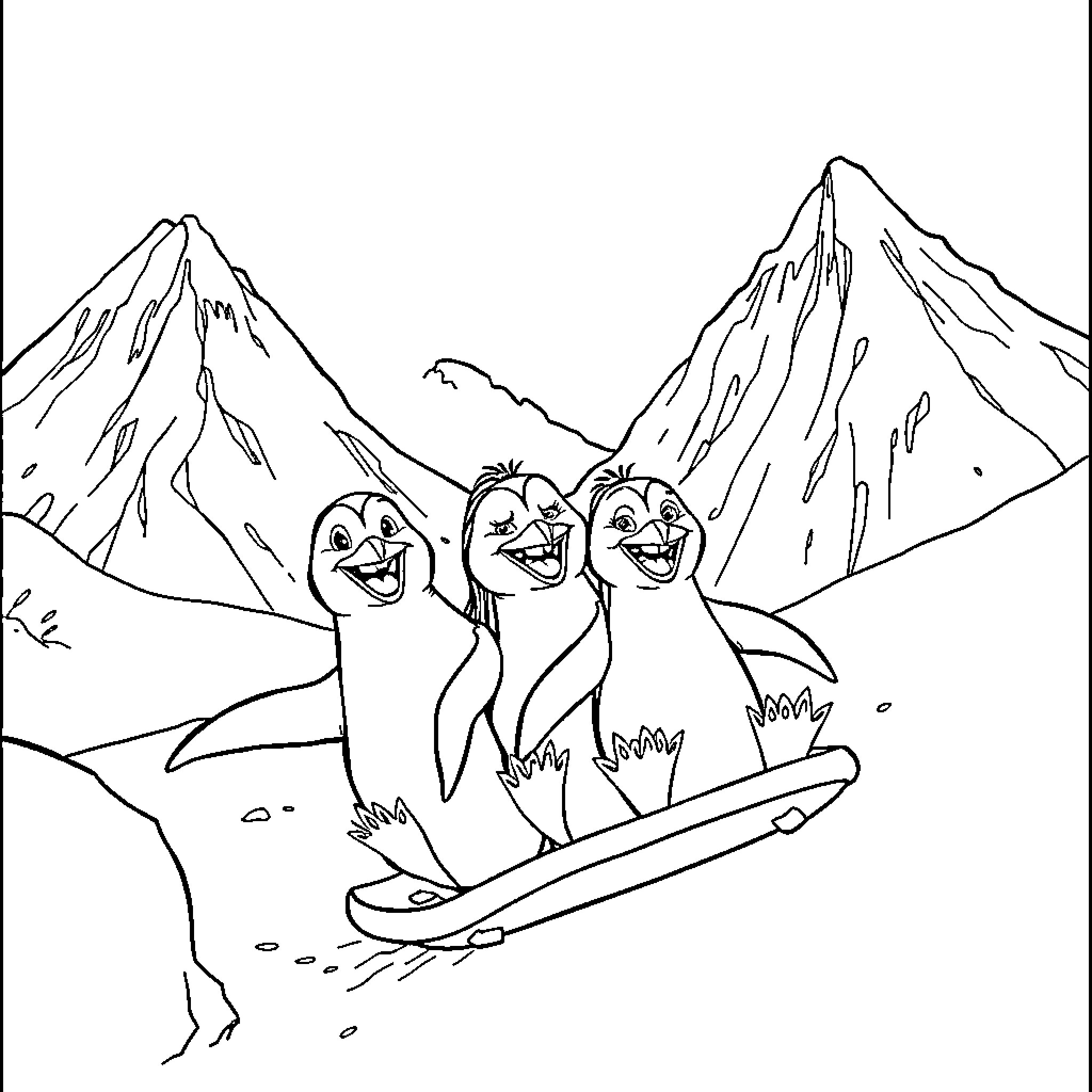Penguin friends surfing down a snowy mountain Coloring Page (free black-and-white line drawing printable PDF for all, from beginners to advanced learners, including children, teens, adults, and seniors)